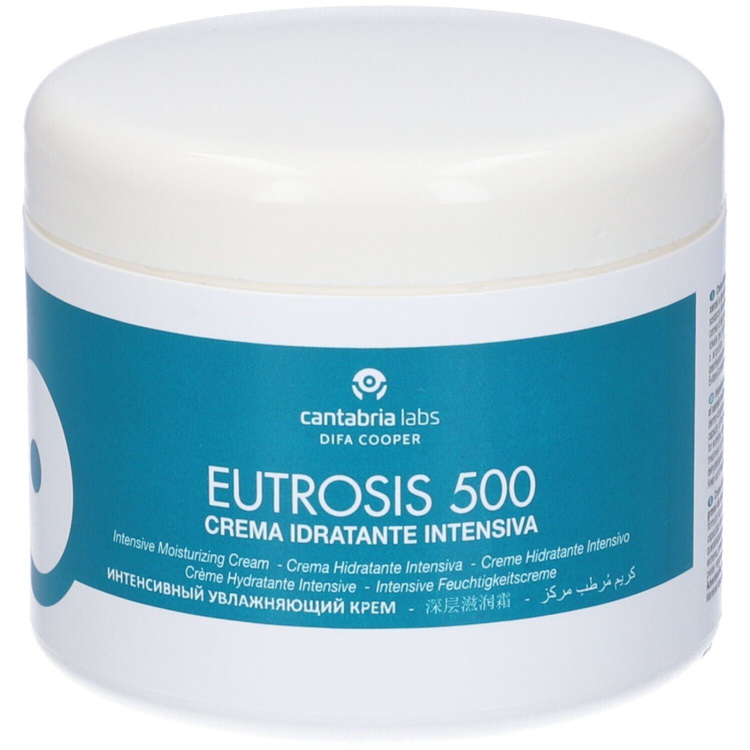 Vaso bianco con fascia blu. Scritta: EUTROSIS 500, Crema Idratante Intensiva. Produttore: Cantabria Labs.