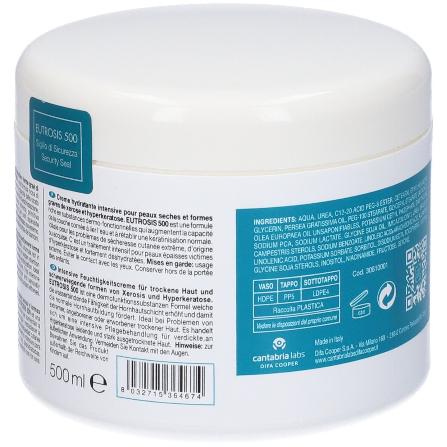 Retro di un vaso bianco con fascia blu. Scritta: EUTROSIS 500, ingredienti, informazioni produttore, 500 ml.