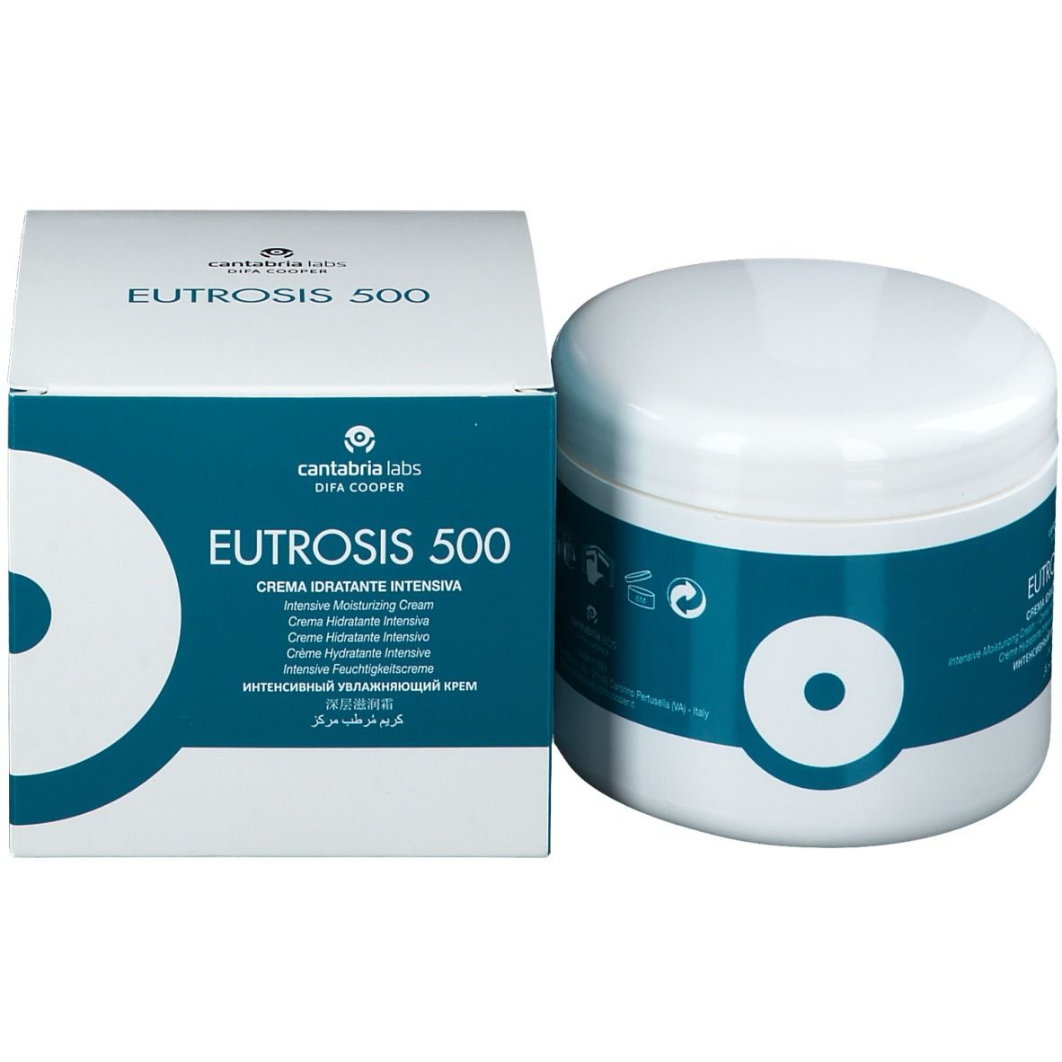 Vaso bianco con confezione blu. Scritta: EUTROSIS 500, Crema Idratante Intensiva. Produttore: Cantabria Labs.