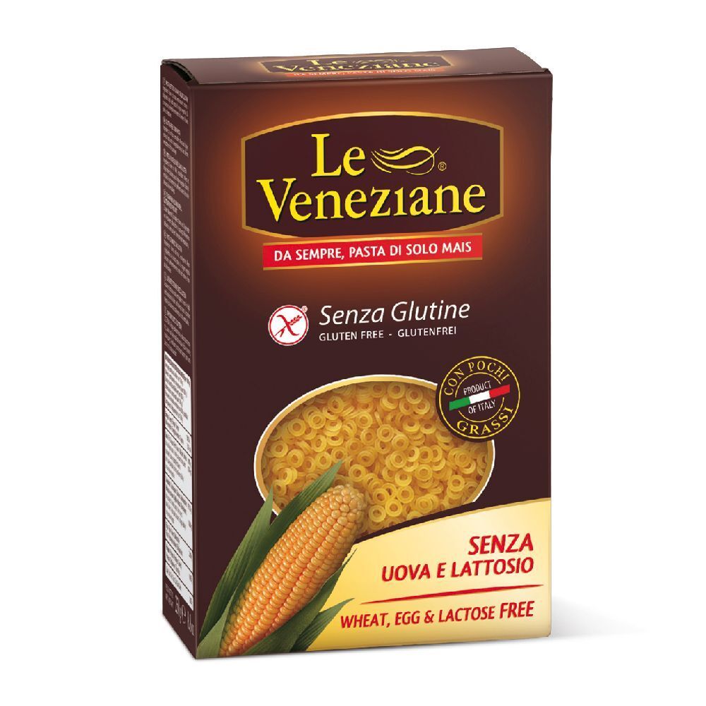Confezione in cartone marrone con logo Le Veneziane. Pasta Anellini senza glutine, illustrazione di pannocchia. Senza uova e lattosio.