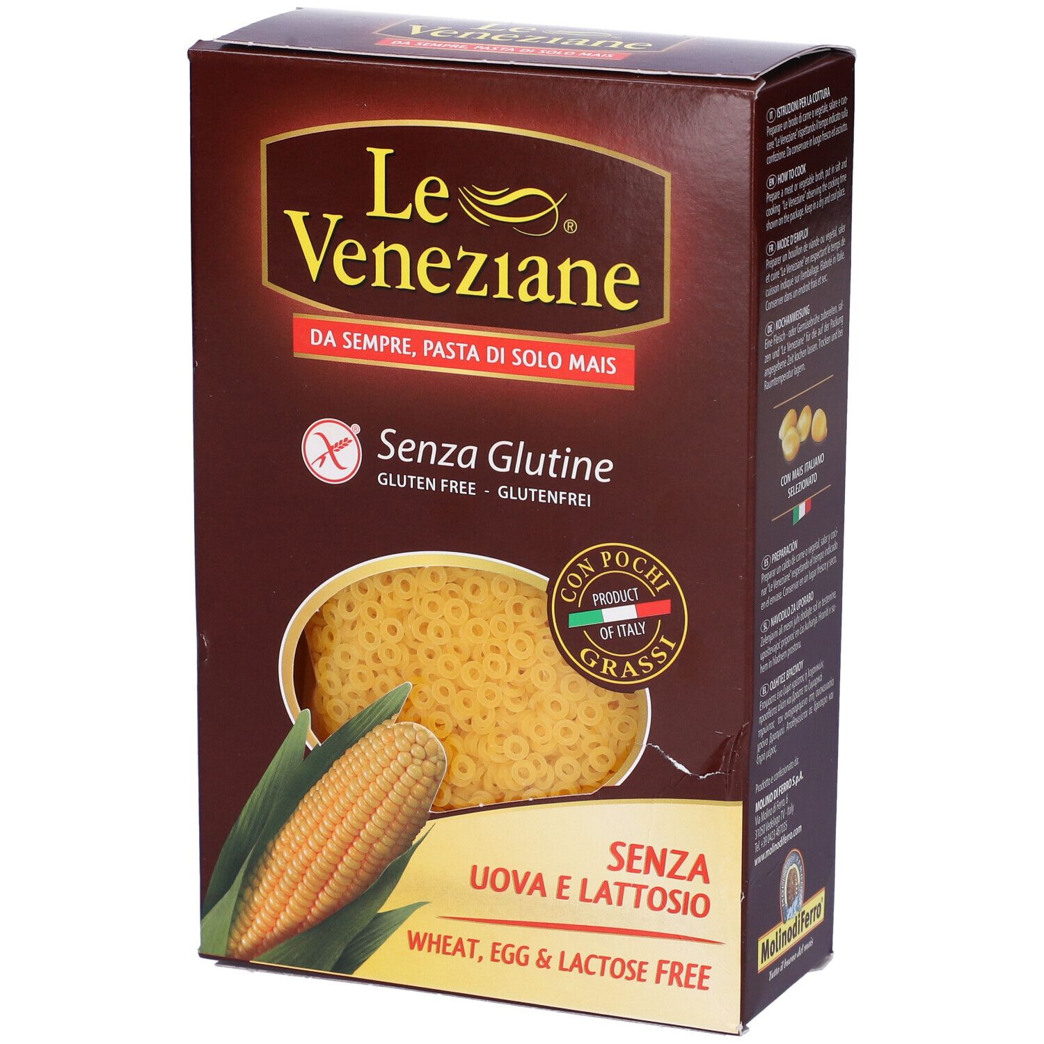 Confezione in cartone marrone con logo Le Veneziane. Pasta Anellini senza glutine, illustrazione di pannocchia. Senza uova e lattosio.
