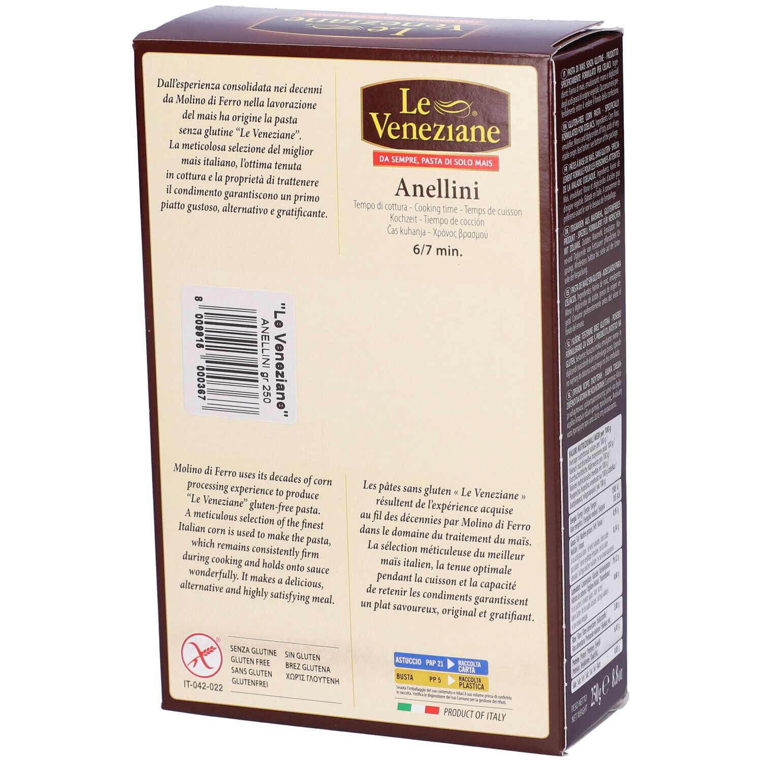 Retro della confezione in cartone marrone. Testo: Le Veneziane, Anellini, senza glutine. Tempo di cottura: 6-7 minuti. Informazioni del produttore.