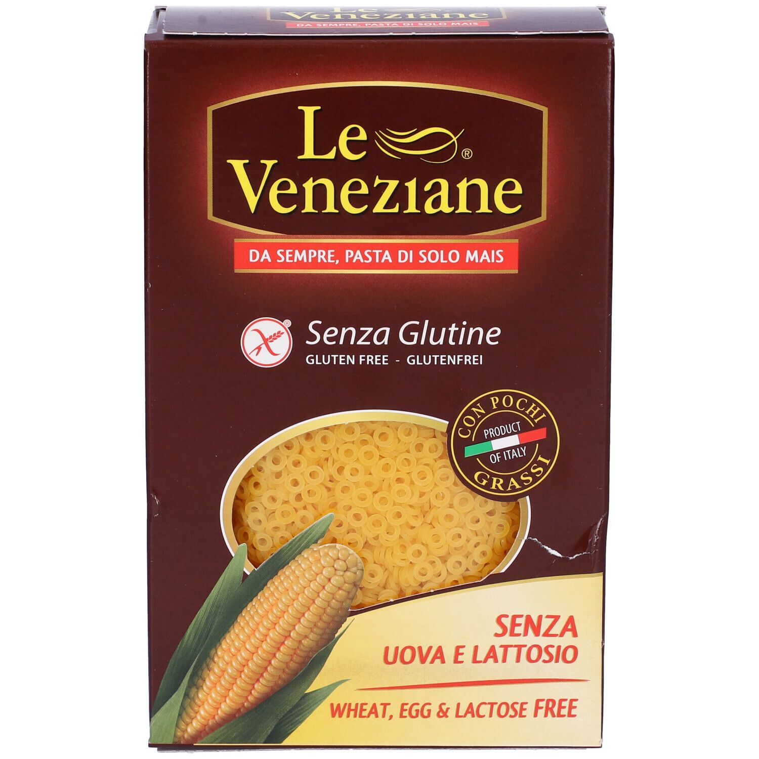 Confezione in cartone marrone con logo Le Veneziane. Pasta Anellini senza glutine, illustrazione di pannocchia. Senza uova e lattosio.