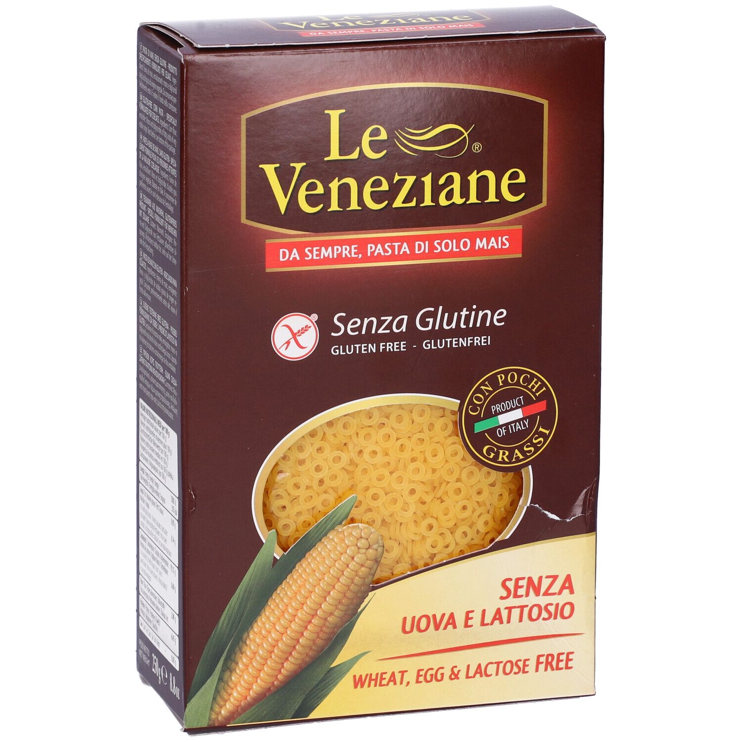 Confezione in cartone marrone con logo Le Veneziane. Pasta Anellini senza glutine, illustrazione di pannocchia. Senza uova e lattosio.