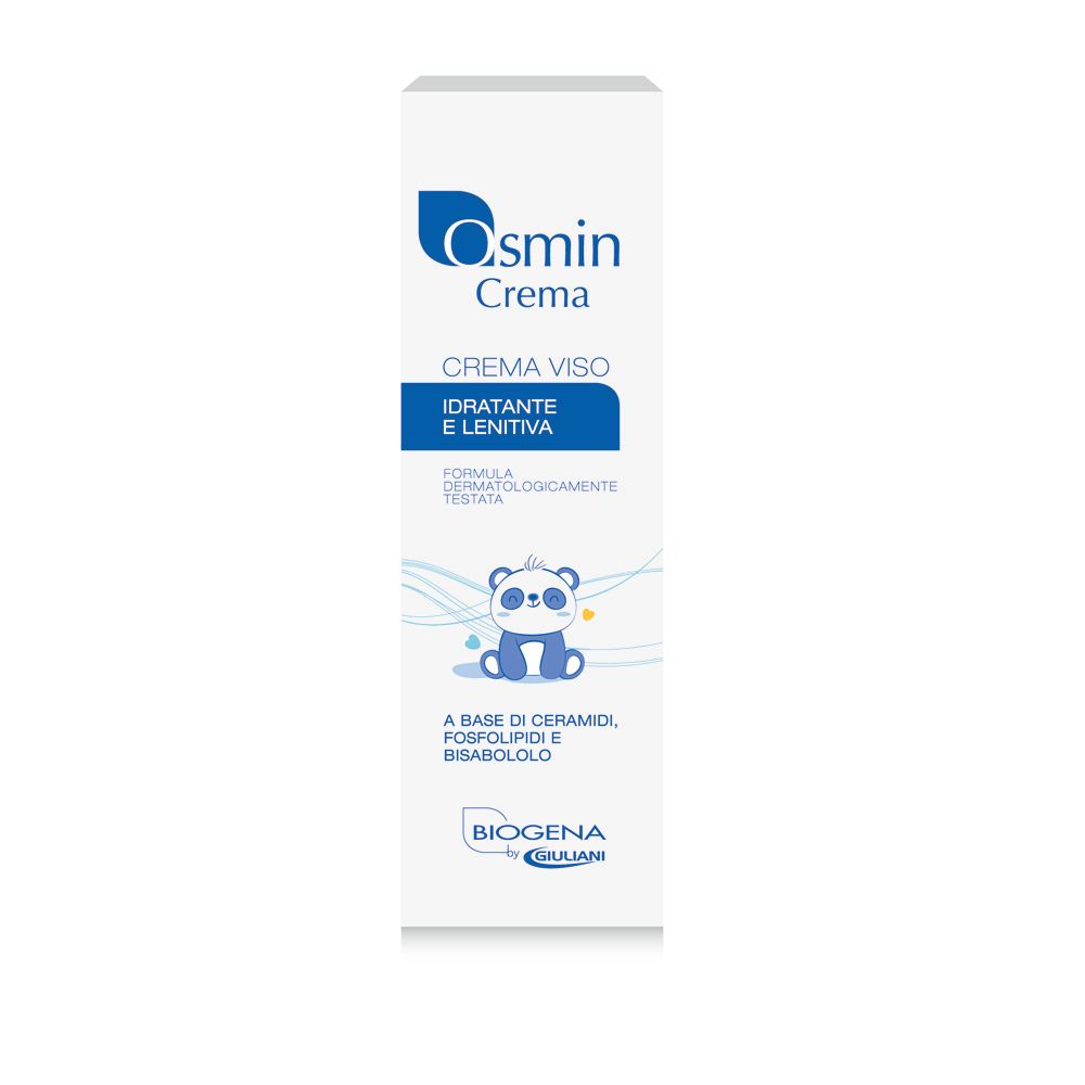Scatola bianca con logo Osmin Crema e informazioni prodotto. Design panda e scritta "Idratante e lenitiva".