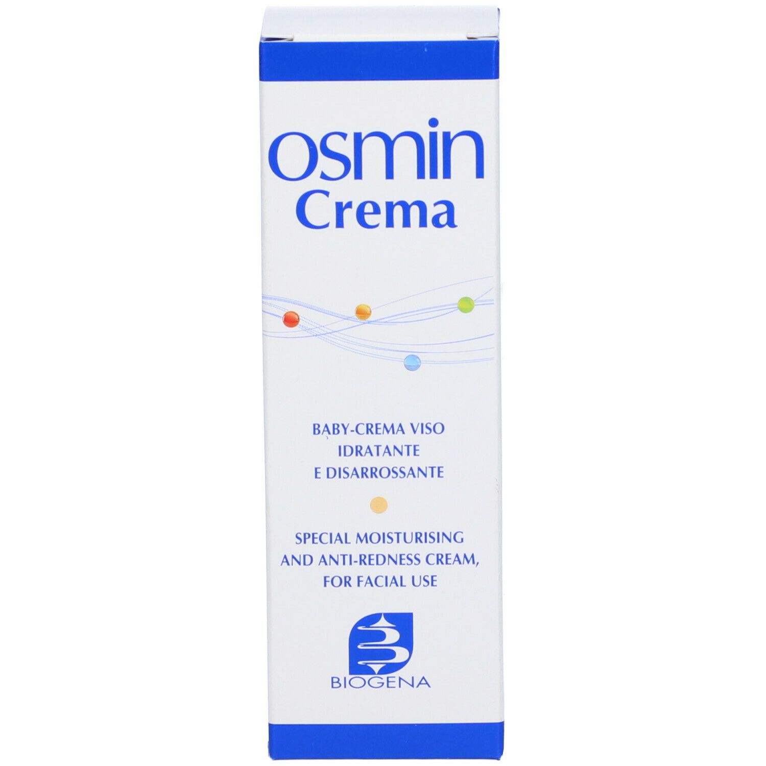 Scatola bianca con logo Osmin Crema e informazioni. Contiene il logo Biogena.