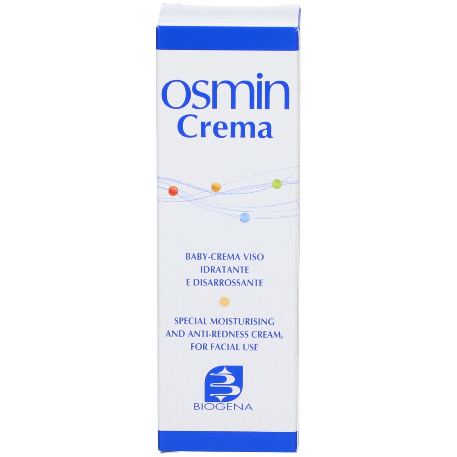 Scatola bianca con logo Osmin Crema e informazioni. Contiene il logo Biogena.