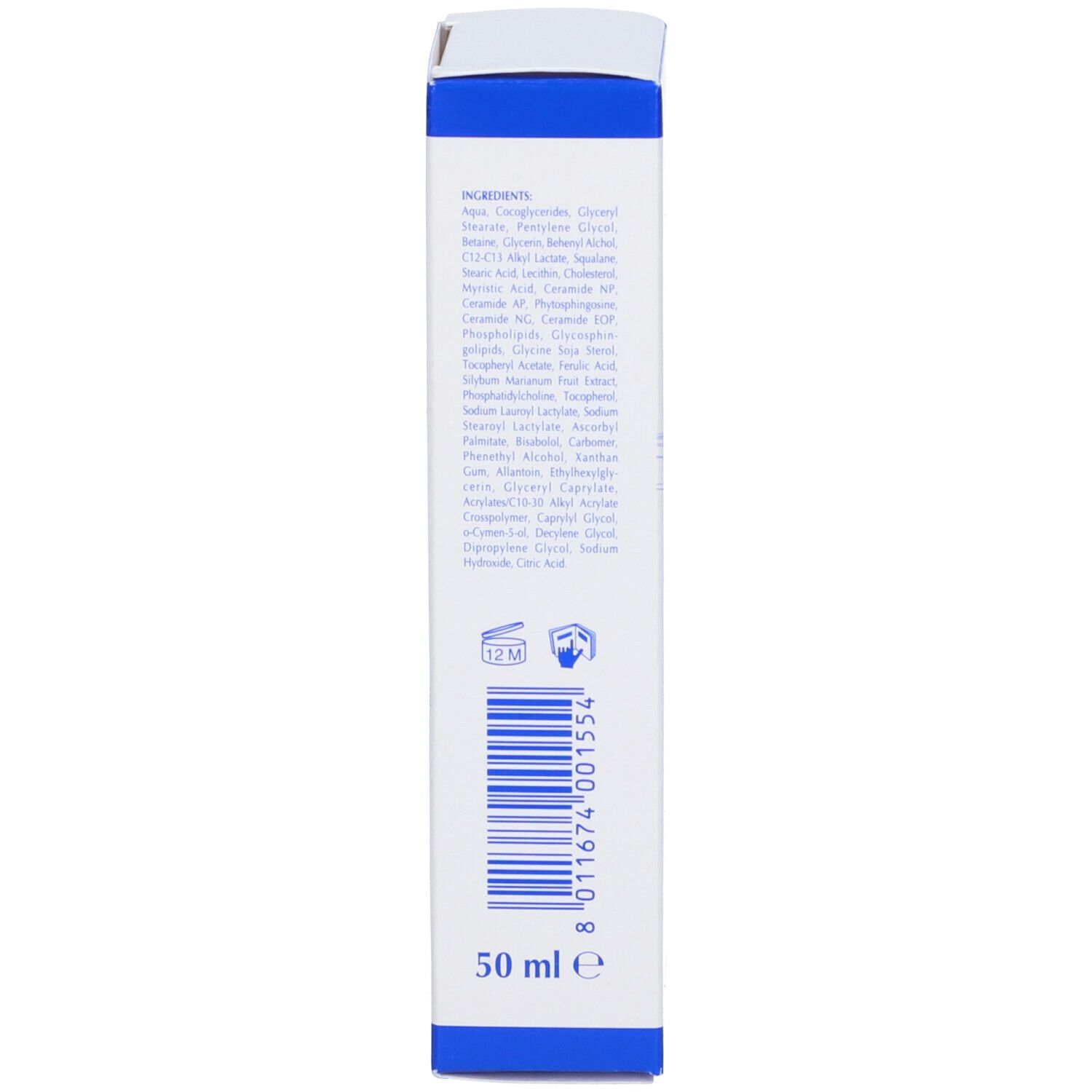 Retro di una scatola con ingredienti e informazioni. Contiene il volume di 50 ml.