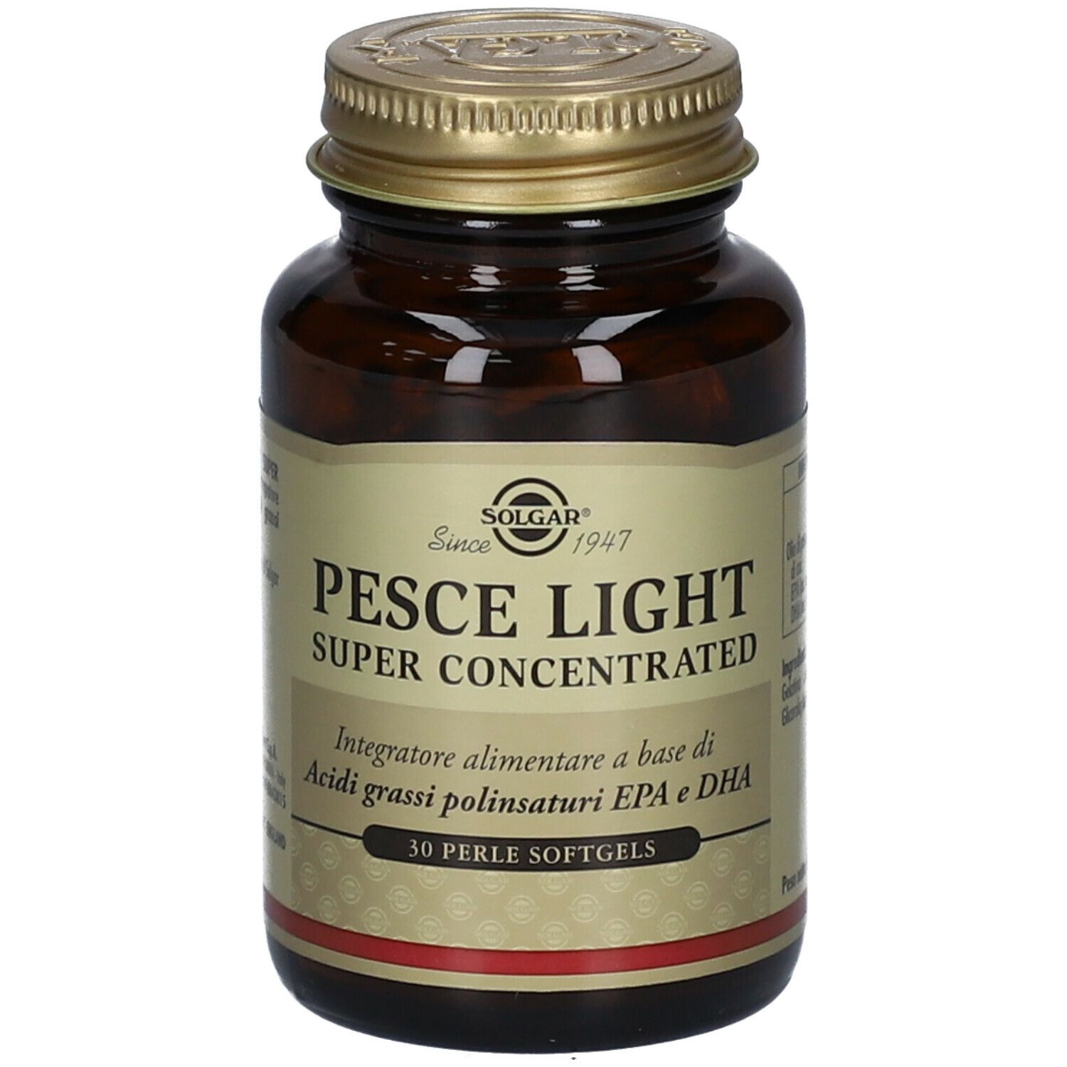 Braune Glasflasche mit goldfarbenem Deckel. Aufschrift: PESCE LIGHT SUPER CONCENTRATED. 30 Perle Softgels.