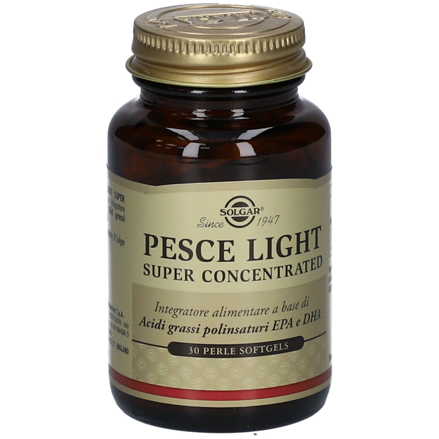 Braune Glasflasche mit goldfarbenem Deckel. Aufschrift: PESCE LIGHT SUPER CONCENTRATED. 30 Perle Softgels.