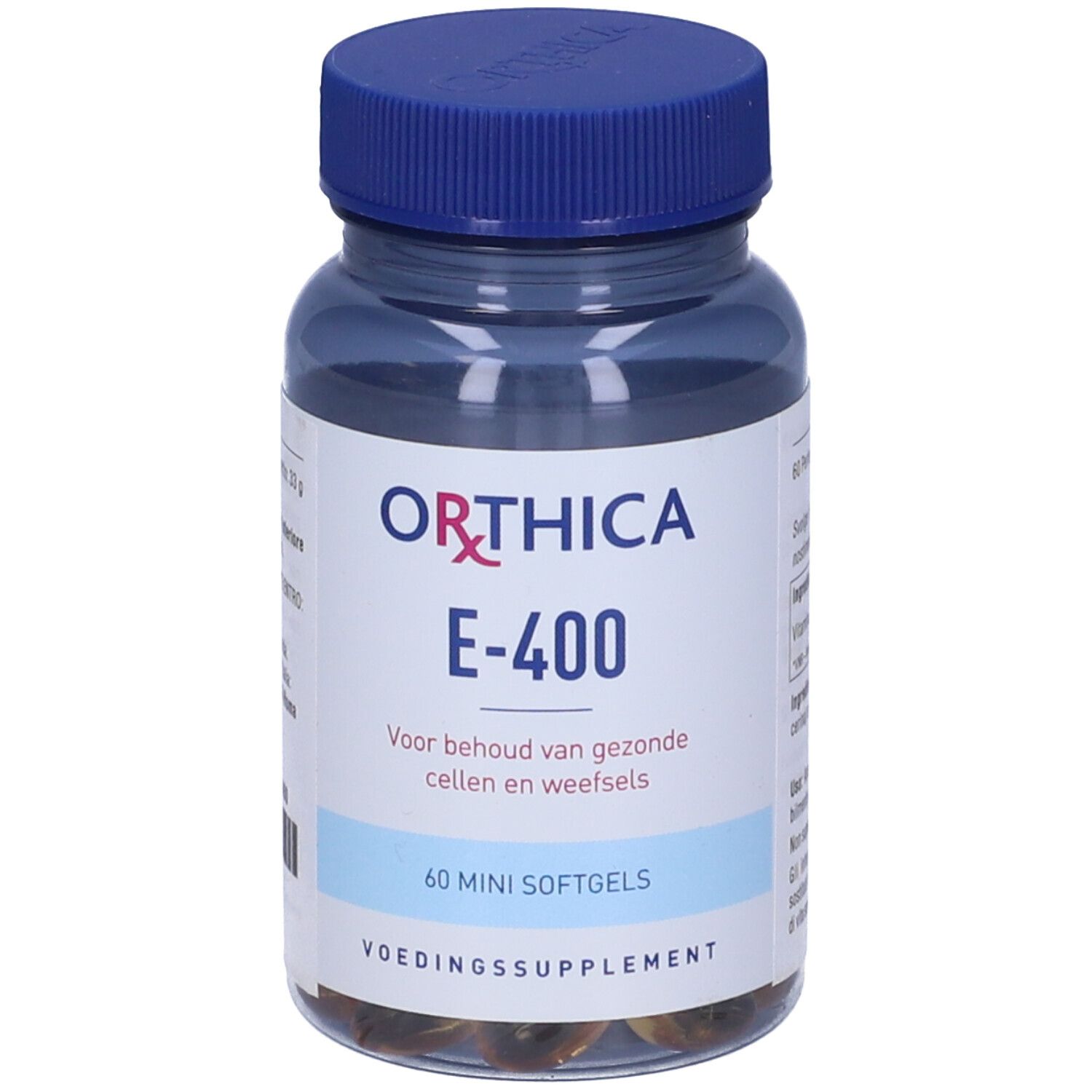 Flacone blu con capsule. Scritta: Orthica E-400, 60 Mini Softgels. Integratore alimentare.