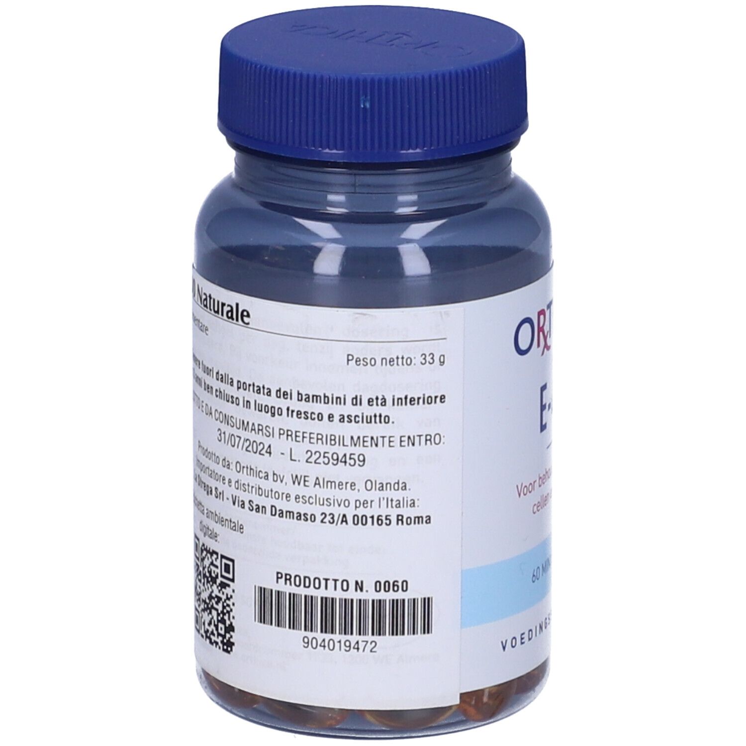Retro di un flacone blu con capsule. Testo: Orthica, numero di prodotto, data di scadenza.