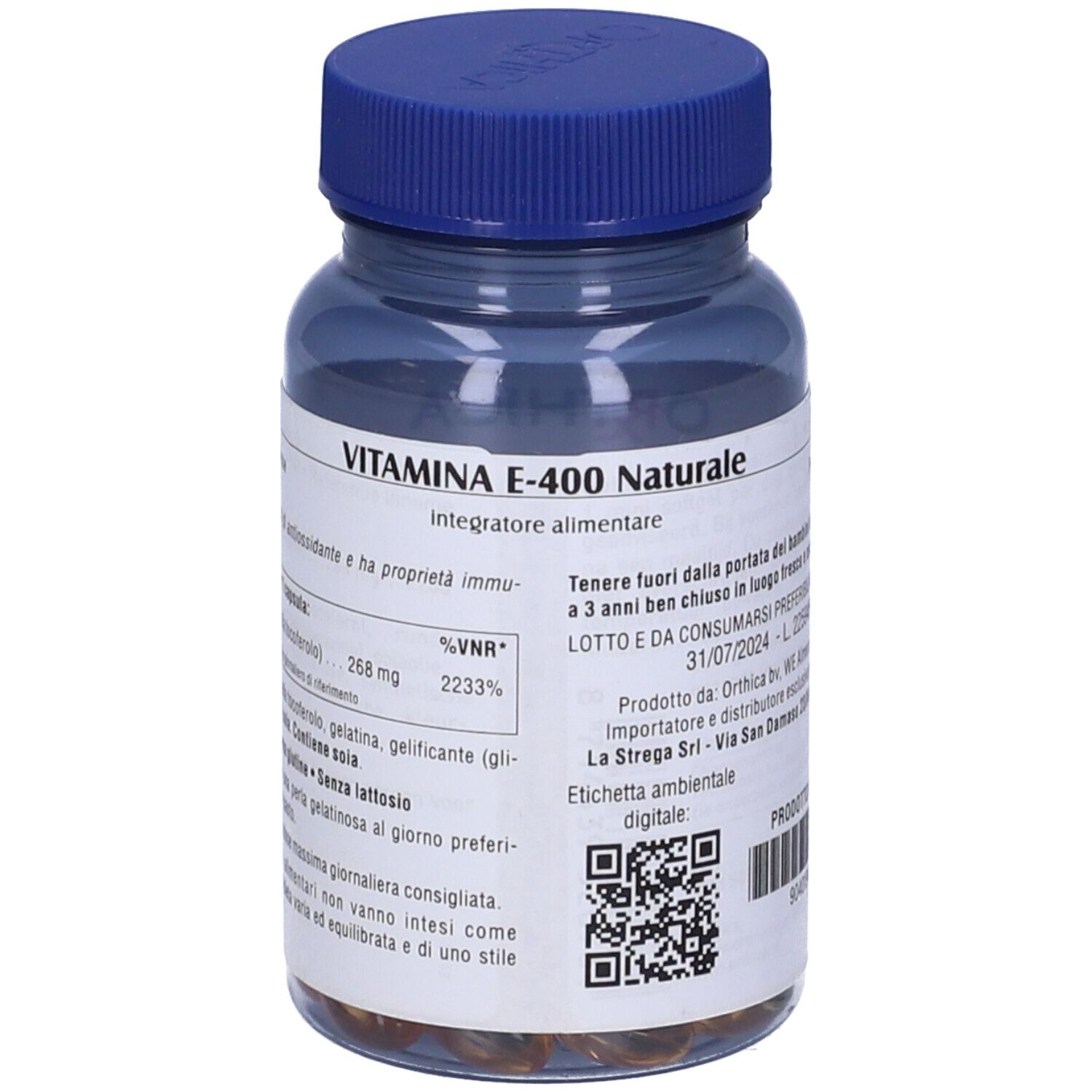 Flacone blu con capsule. Scritta: Vitamina E-400 Naturale. Etichetta con ingredienti e valori nutrizionali.