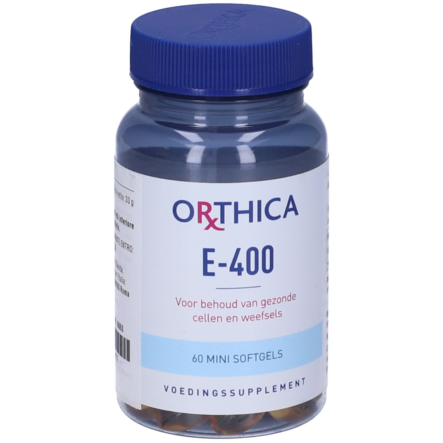 Flacone blu con capsule. Scritta: Orthica E-400, 60 Mini Softgels. Integratore alimentare.