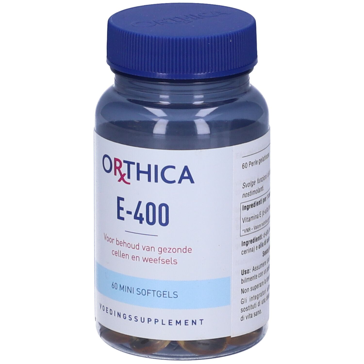 Flacone blu con capsule. Scritta: Orthica E-400, 60 Mini Softgels. Etichetta con ingredienti.