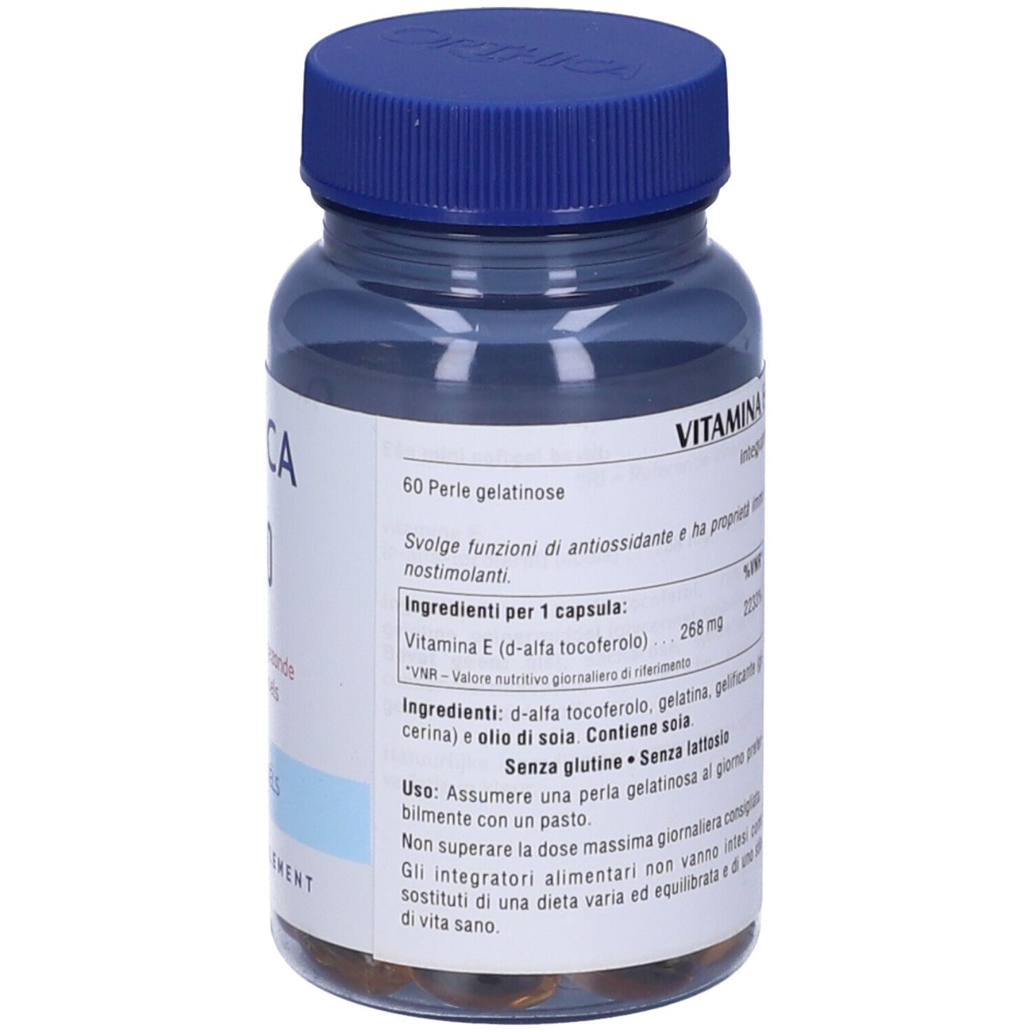 Retro di un flacone blu con capsule. Scritta: Orthica E-400. Etichetta con ingredienti e valori nutrizionali.
