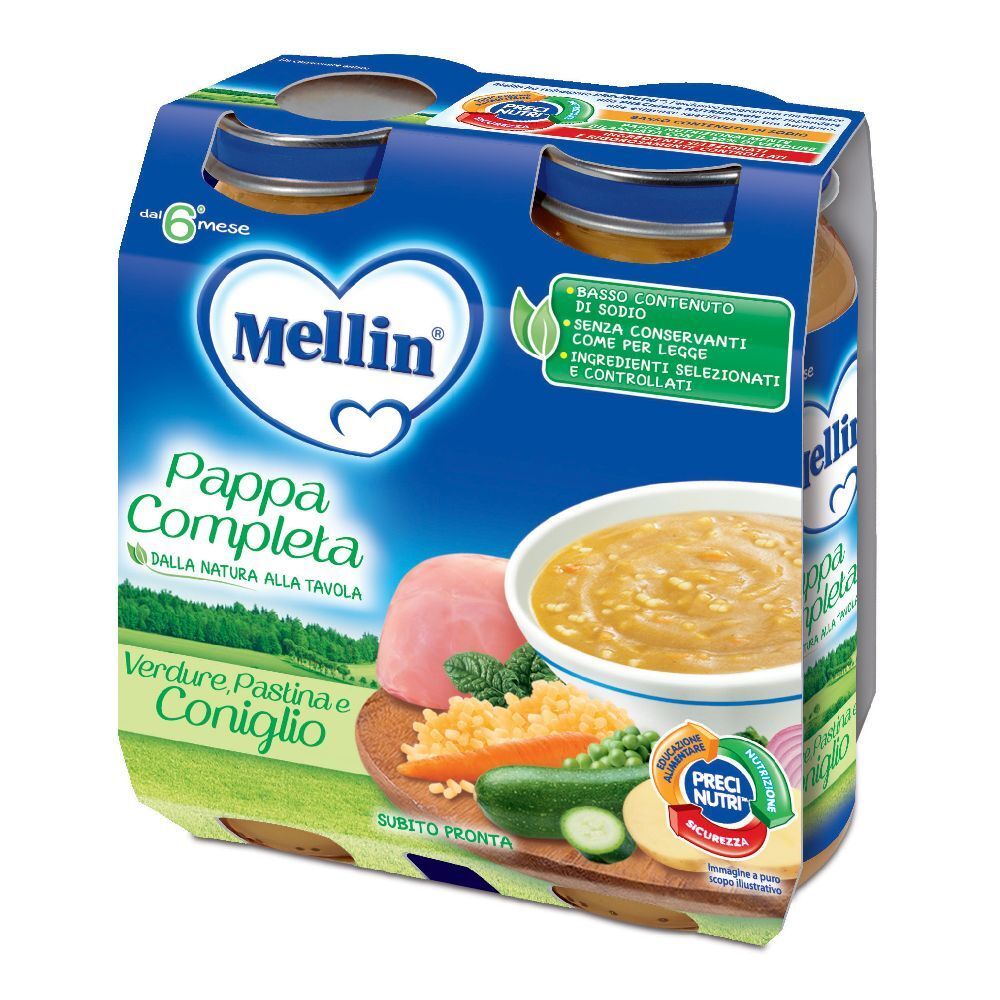 Confezione di vasetti Mellin Pappa Completa Verdura Pastina e Coniglio. Senza conservanti. Per 6 mesi.