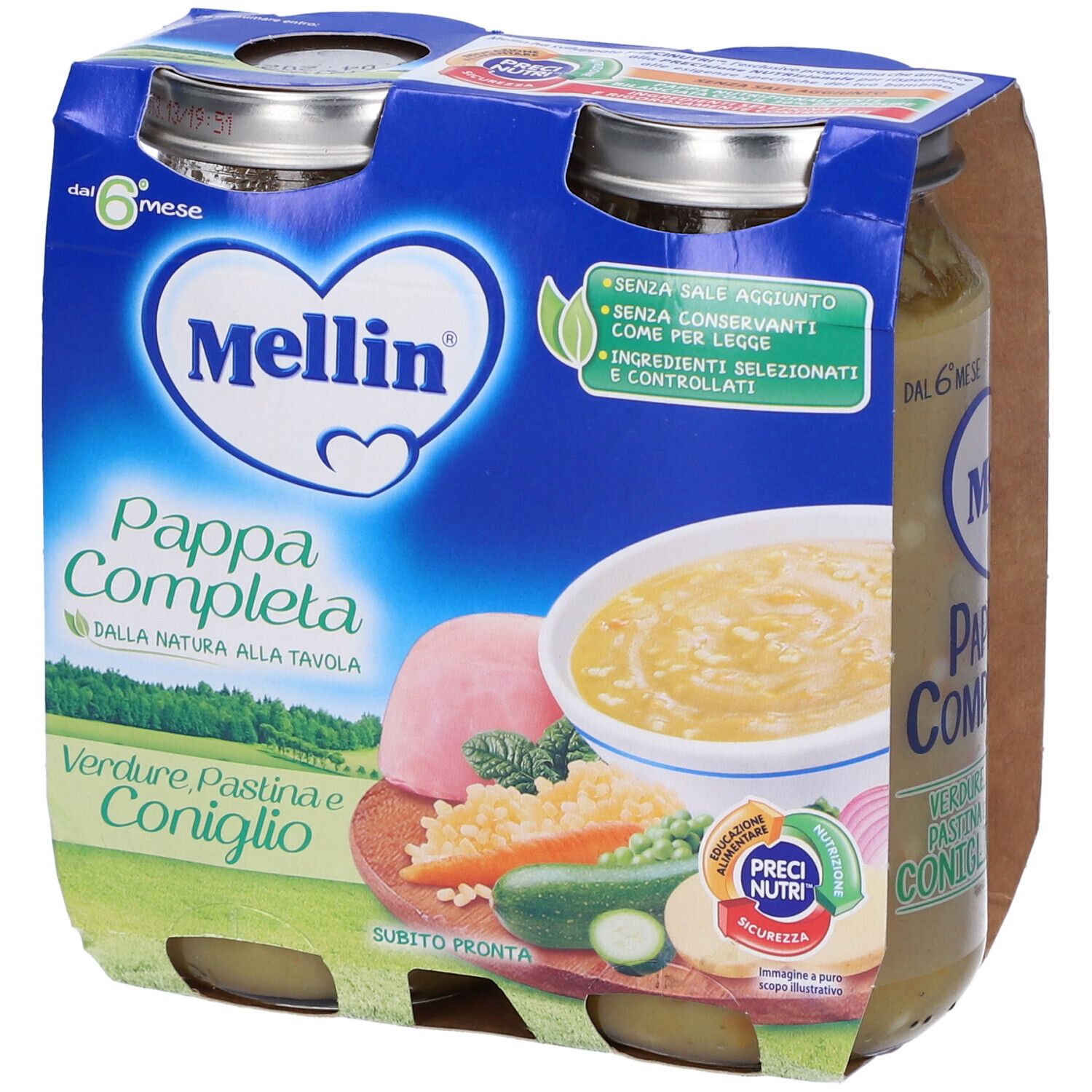 Confezione di vasetti Mellin Pappa Completa Verdura Pastina e Coniglio. Senza sale aggiunto. 6 mesi.