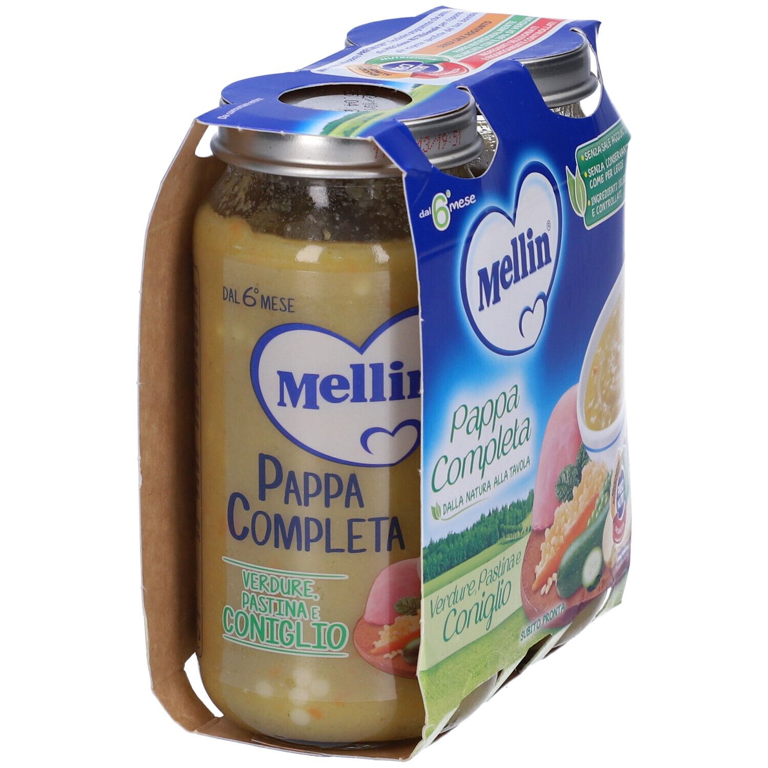 Confezione di vasetti Mellin Pappa Completa Verdura Pastina e Coniglio. 6 mesi. Vista laterale.