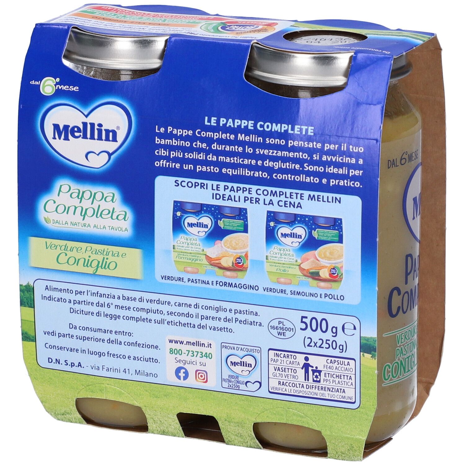 Confezione di vasetti Mellin Pappa Completa Verdura Pastina e Coniglio. 6 mesi. Ingredienti.