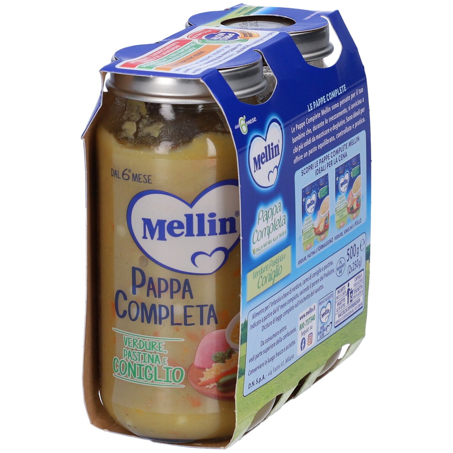 Confezione di vasetti Mellin Pappa Completa Verdura Pastina e Coniglio. 6 mesi. Vista laterale.