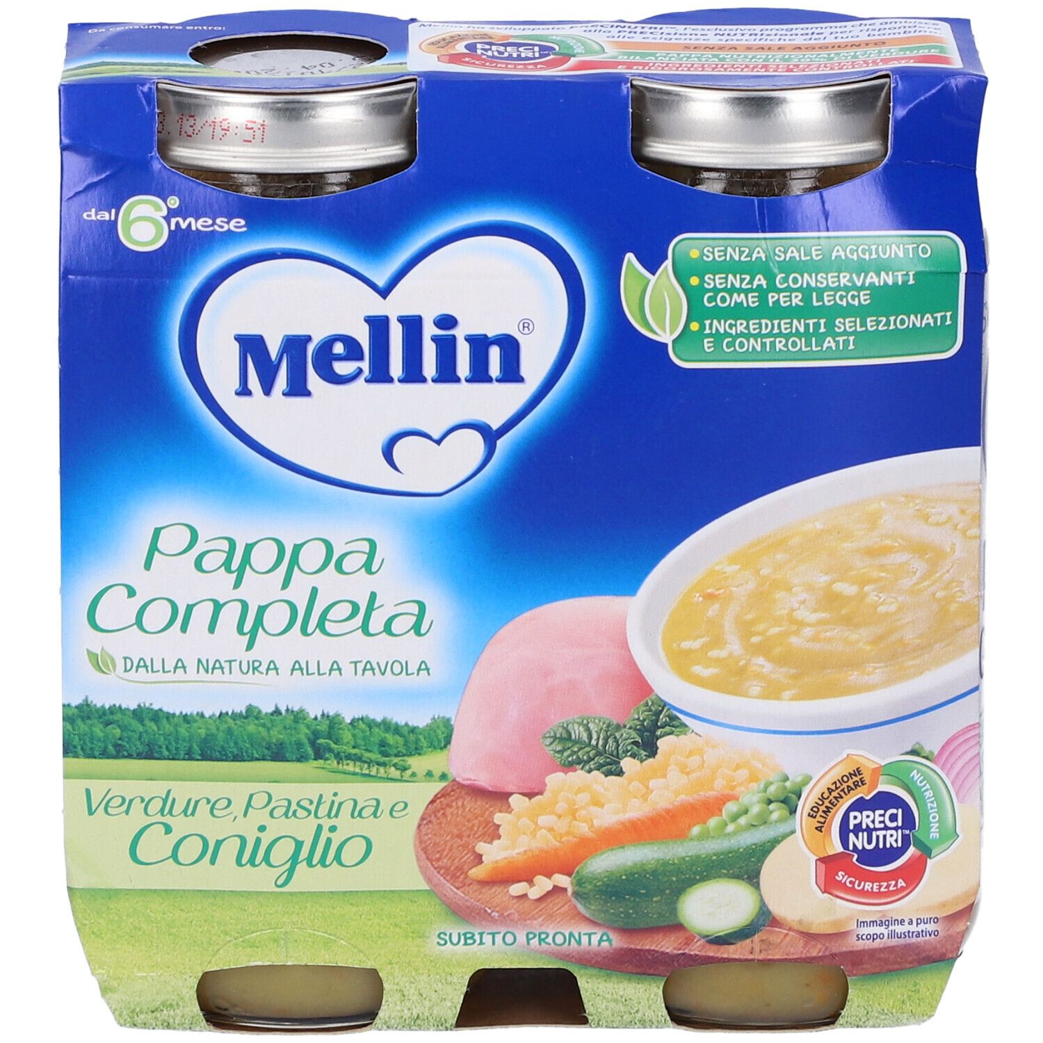 Confezione di vasetti Mellin Pappa Completa Verdura Pastina e Coniglio. Senza sale aggiunto. 6 mesi.