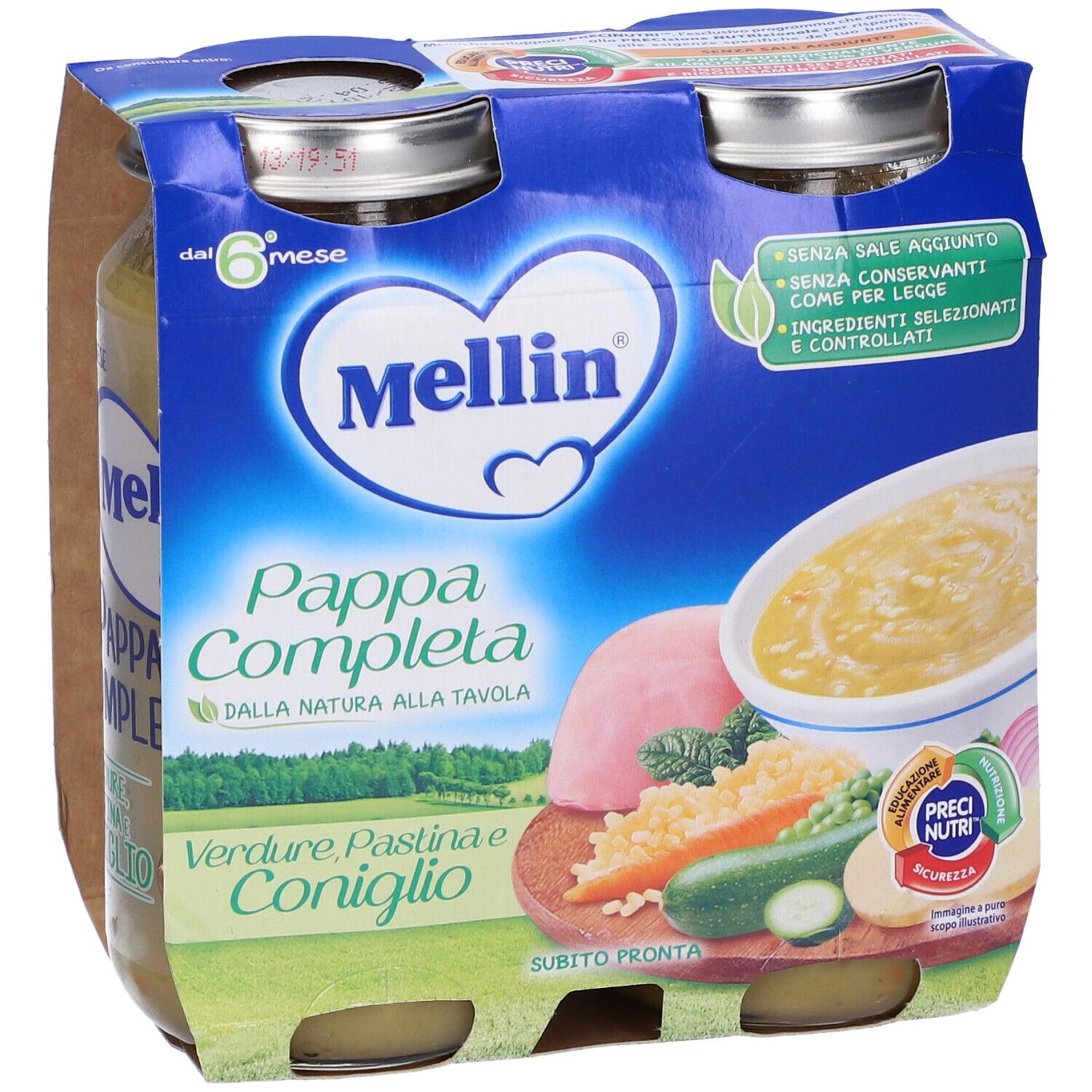 Confezione di vasetti Mellin Pappa Completa Verdura Pastina e Coniglio. Senza sale aggiunto. 6 mesi.