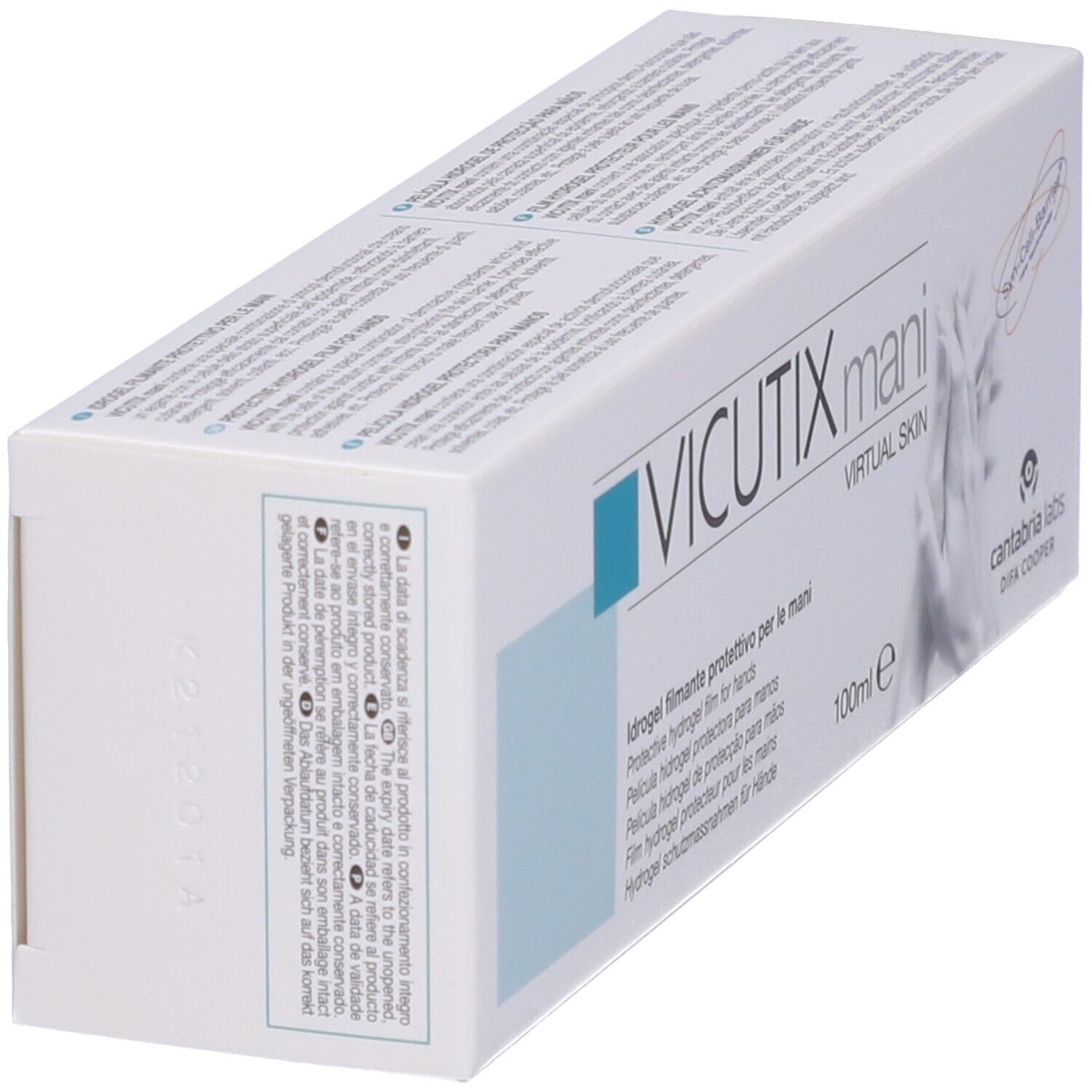 Schachtel Vicutix mani, idrogel filmante, schräg. Aufschrift: Virtual Skin, 100ml. Logo: cantabria labs. Text in mehreren Sprachen.