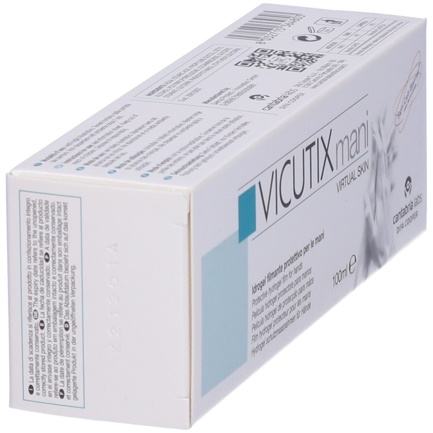 Schachtel Vicutix mani, idrogel filmante, schräg. Aufschrift: Virtual Skin, 100ml. Logo: cantabria labs. Text in mehreren Sprachen.