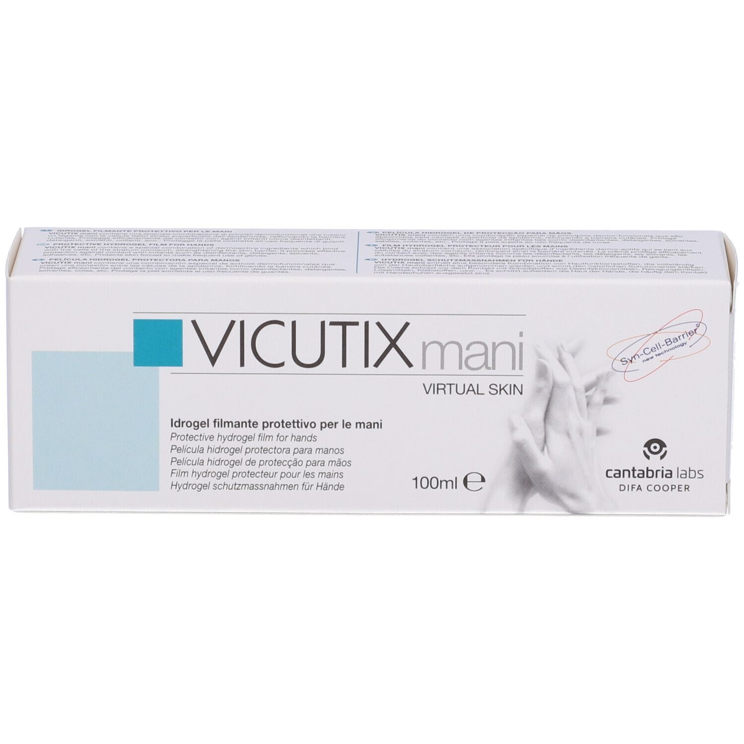 Vicutix mani, idrogel filmante, in weißer Schachtel. Aufschrift: Virtual Skin, 100ml. Logo: cantabria labs. Text in mehreren Sprachen.