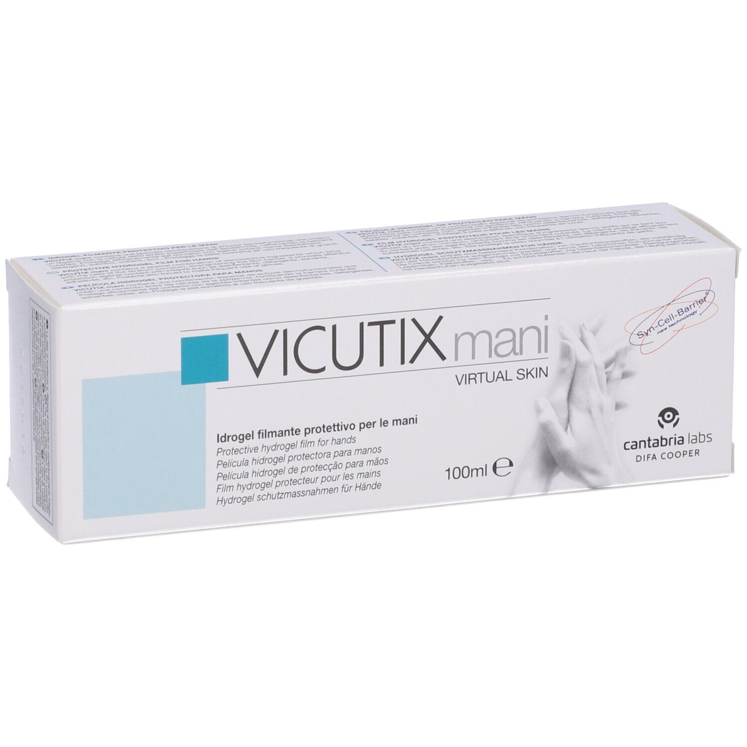 Vicutix mani, idrogel filmante, in weißer Schachtel. Aufschrift: Virtual Skin, 100ml. Logo: cantabria labs. Text in mehreren Sprachen.
