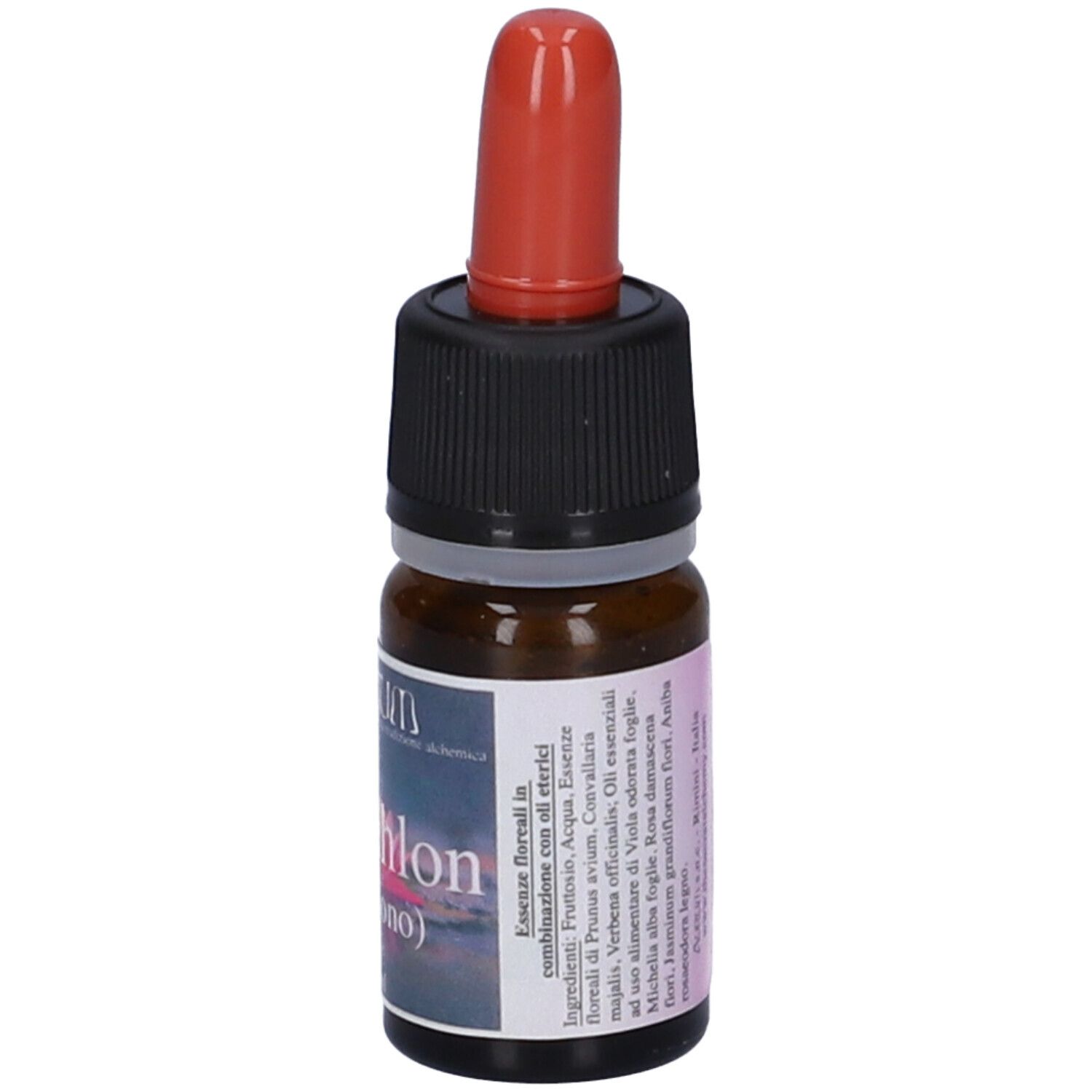 Flacone di vetro marrone con tappo rosso e cappuccio nero. Etichetta con testo.