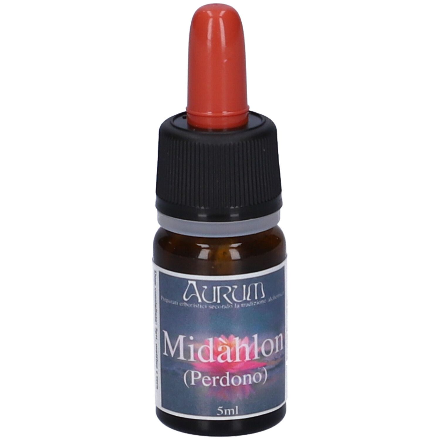 Flacone di vetro marrone con tappo rosso e cappuccio nero. Etichetta con testo: Midahlon (Perdono) 5ml.