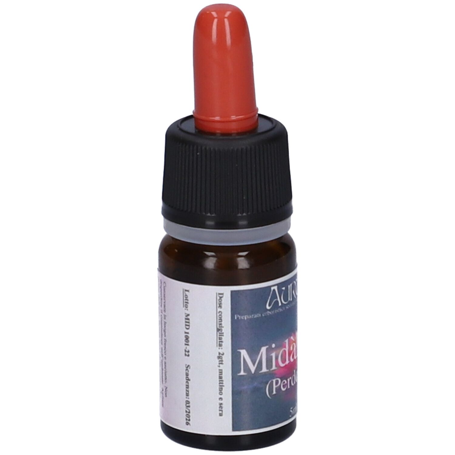 Flacone di vetro marrone con tappo rosso e cappuccio nero. Etichetta con testo: Midahlon (Perdono) 5ml.