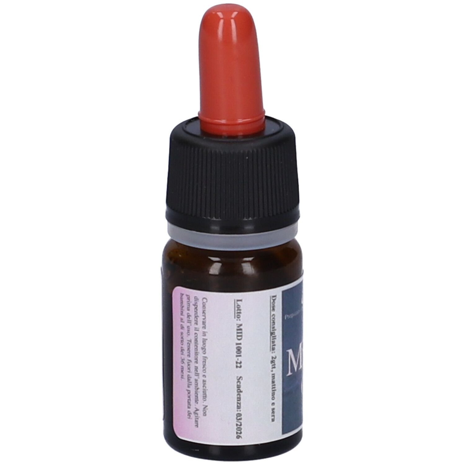 Flacone di vetro marrone con tappo rosso e cappuccio nero. Etichetta con testo: Midahlon (Perdono) 5ml.