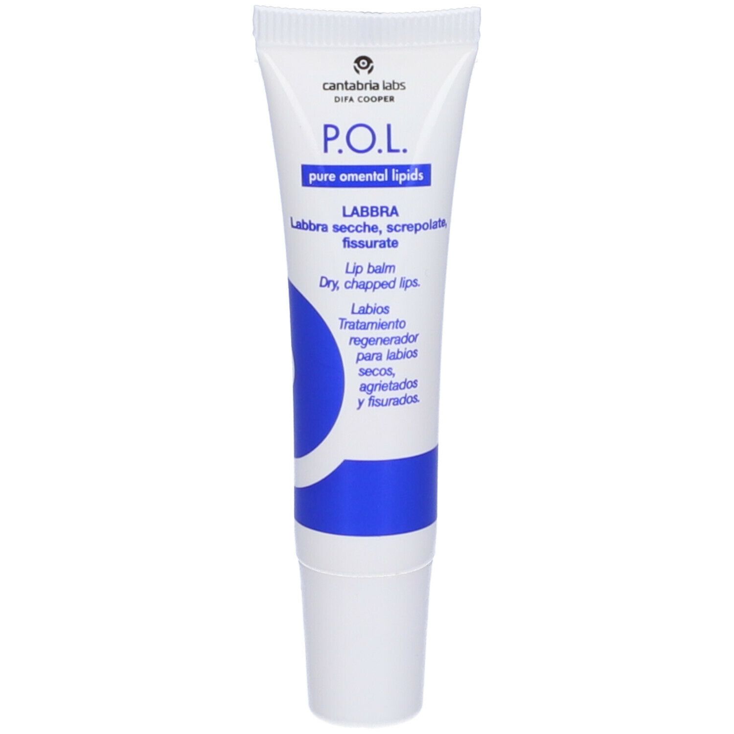 Tubo bianco con accento blu. Testo: P.O.L. LABBRA, Lip Balm. Marchio: Cantabria Labs.