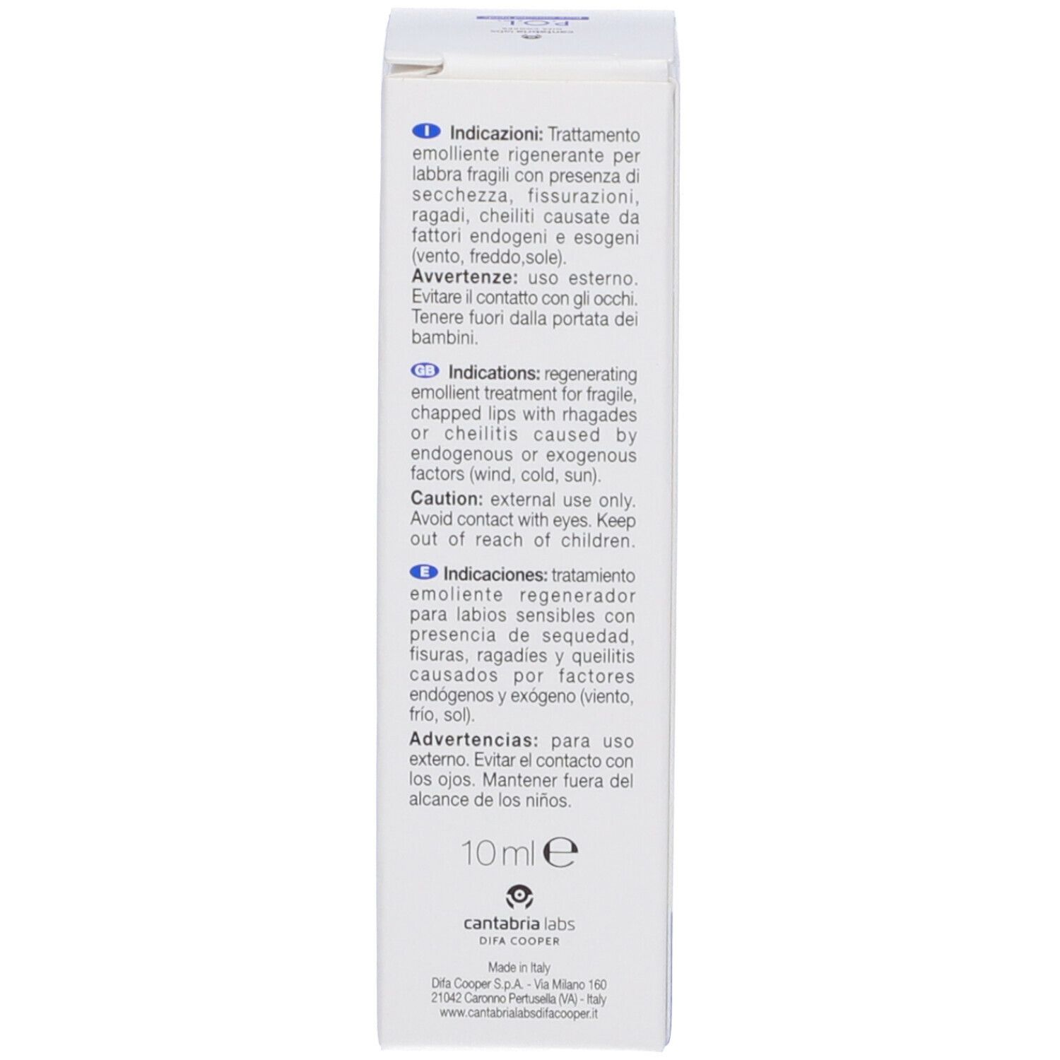 Retro della confezione. Testo: 10 ml, istruzioni per l'uso. Marchio: Cantabria Labs.