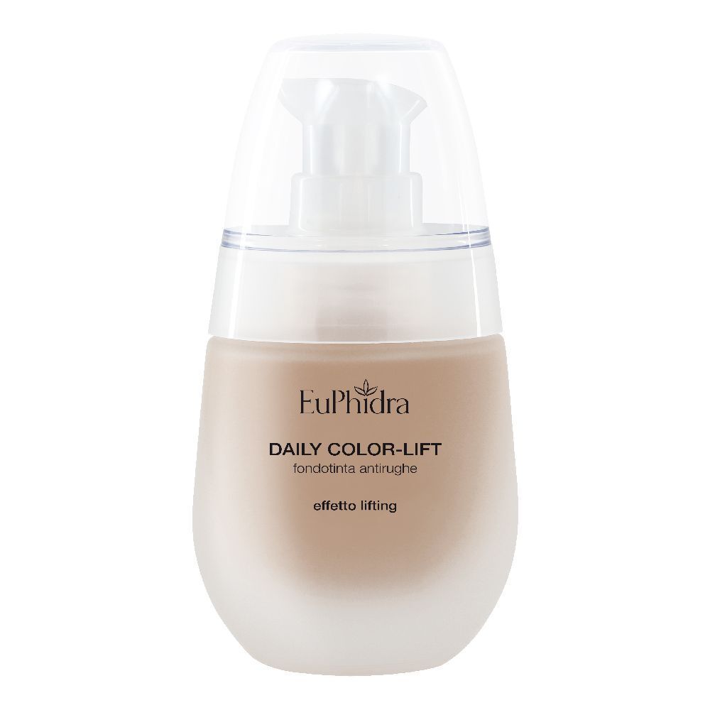 Flacone di fondotinta beige con tappo bianco. Scritta: Euphidra, DAILY COLOR-LIFT, effetto lifting.