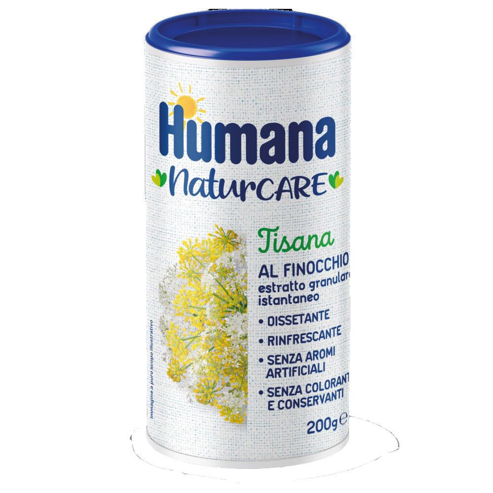 Barattolo cilindrico Humana Naturcare Tisana al Finocchio. Coperchio blu. Contiene: 'Disséantante', 'Rinfrescante'. 200g.