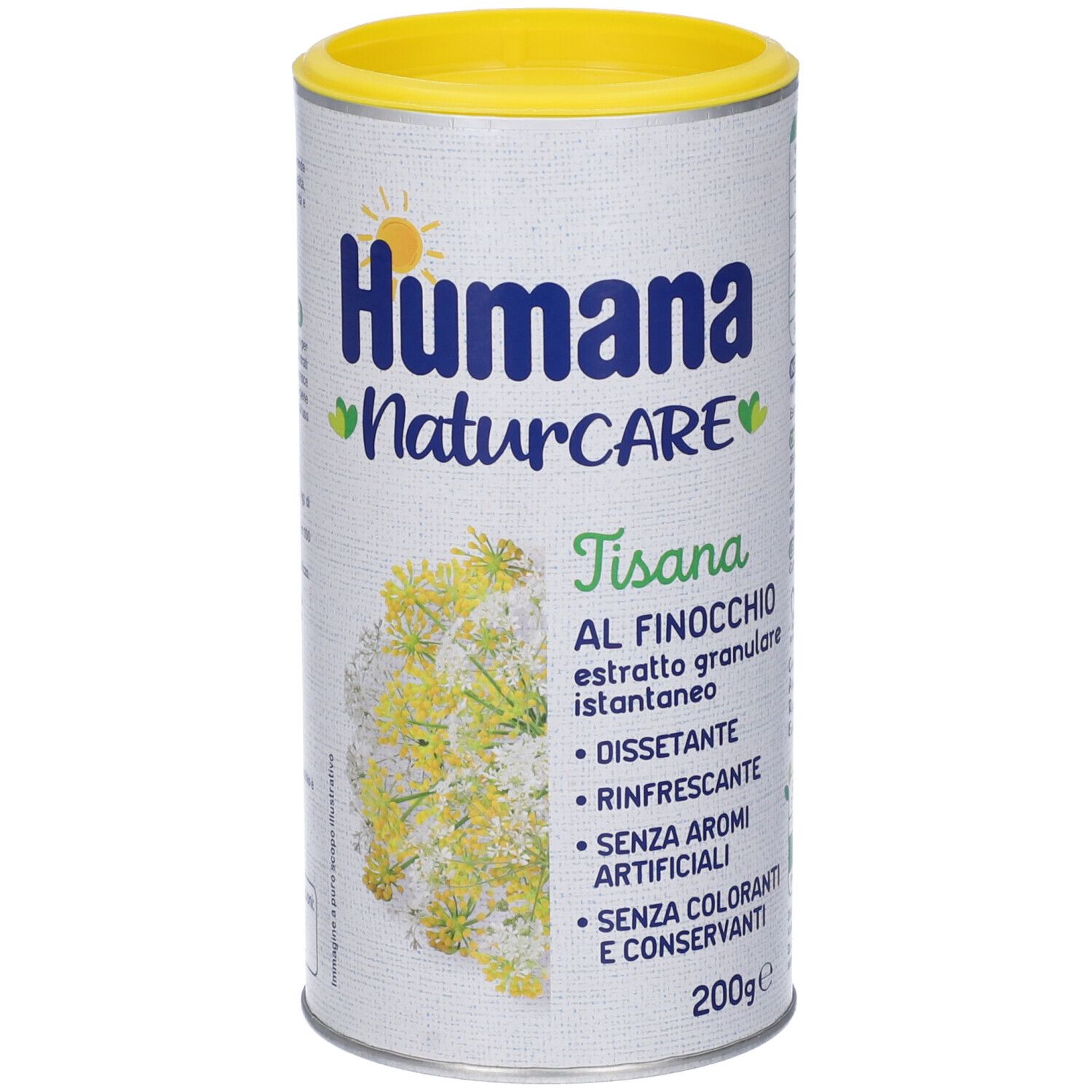 Barattolo cilindrico Humana Naturcare Tisana al Finocchio. Coperchio giallo. Contiene: 'Disséantante', 'Rinfrescante'. 200g.
