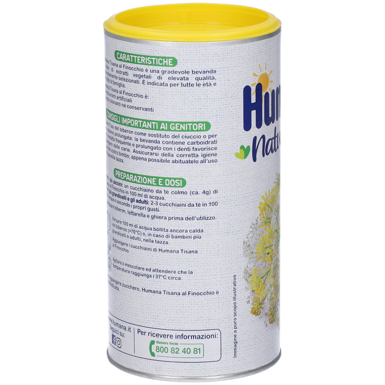 Barattolo cilindrico Humana Naturcare Tisana al Finocchio. Coperchio giallo. Testo sul retro. Preparazione e dosi.