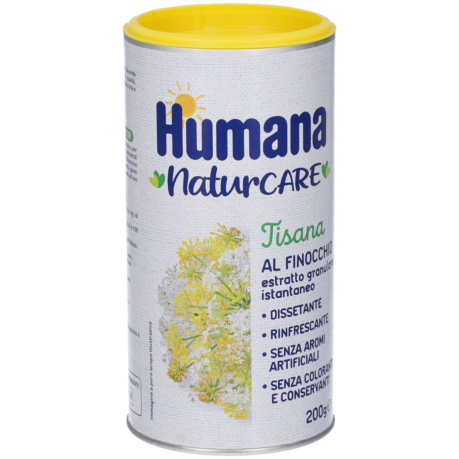 Barattolo cilindrico Humana Naturcare Tisana al Finocchio. Coperchio giallo. Contiene: 'Disséantante', 'Rinfrescante'. 200g.