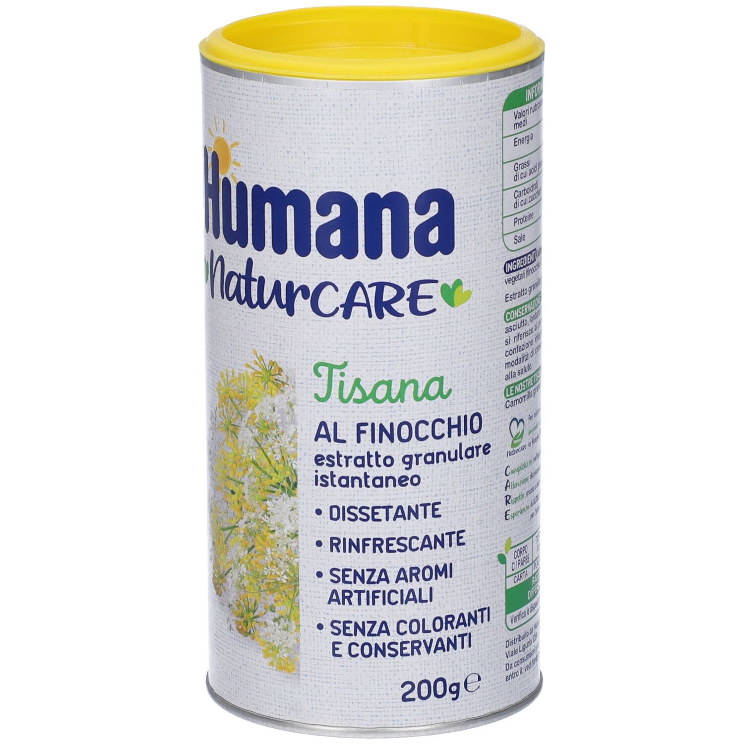 Barattolo cilindrico Humana Naturcare Tisana al Finocchio. Coperchio giallo. Contiene: 'Disséantante', 'Rinfrescante'. 200g. Dettaglio.