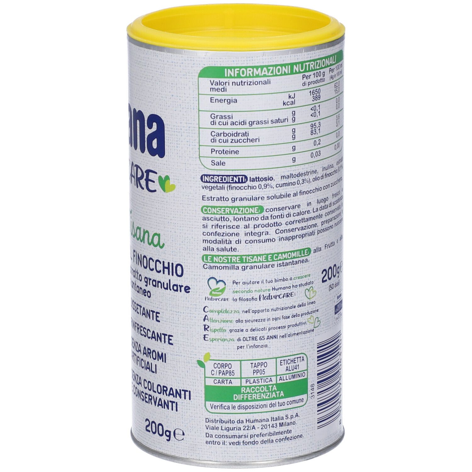 Barattolo cilindrico Humana Naturcare Tisana al Finocchio. Coperchio giallo. Informazioni nutrizionali e ingredienti sul retro.