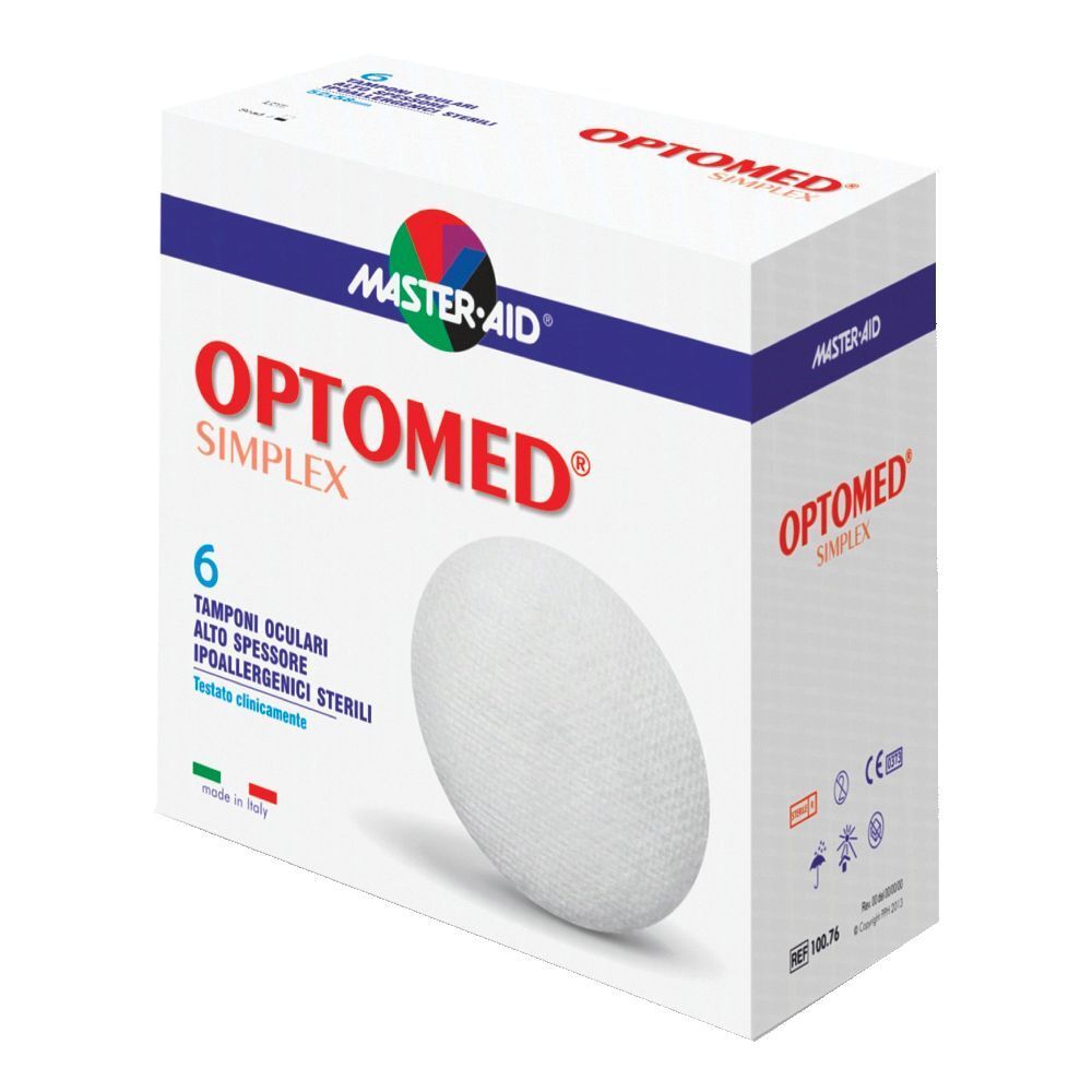 Confezione da 6 tamponi oculari sterili. Marchio: Master-Aid Optomed Simplex. Tampone bianco visibile.