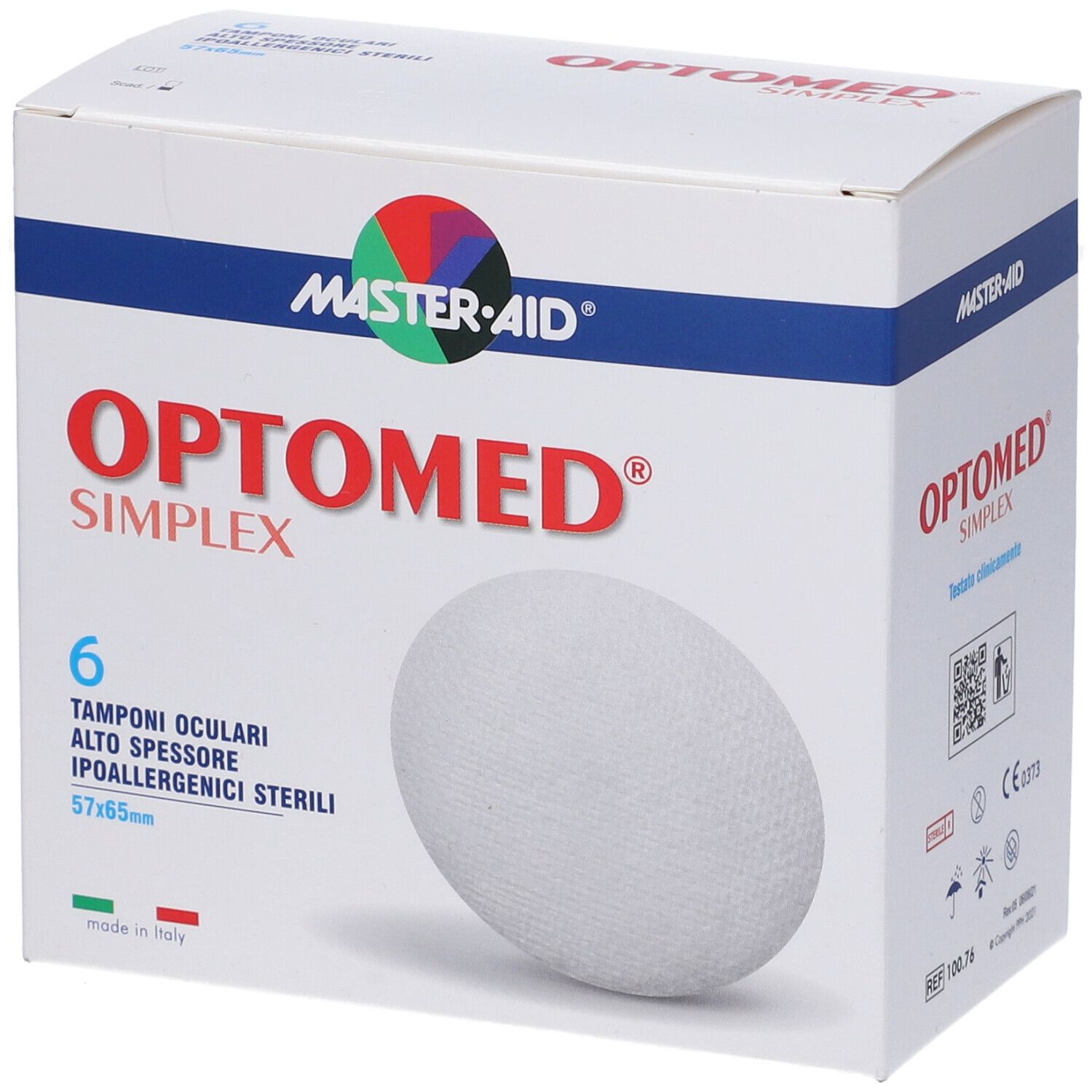 Confezione da 6 tamponi oculari sterili. Marchio: Master-Aid Optomed Simplex. Tampone bianco visibile. Dimensione: 57x65mm.