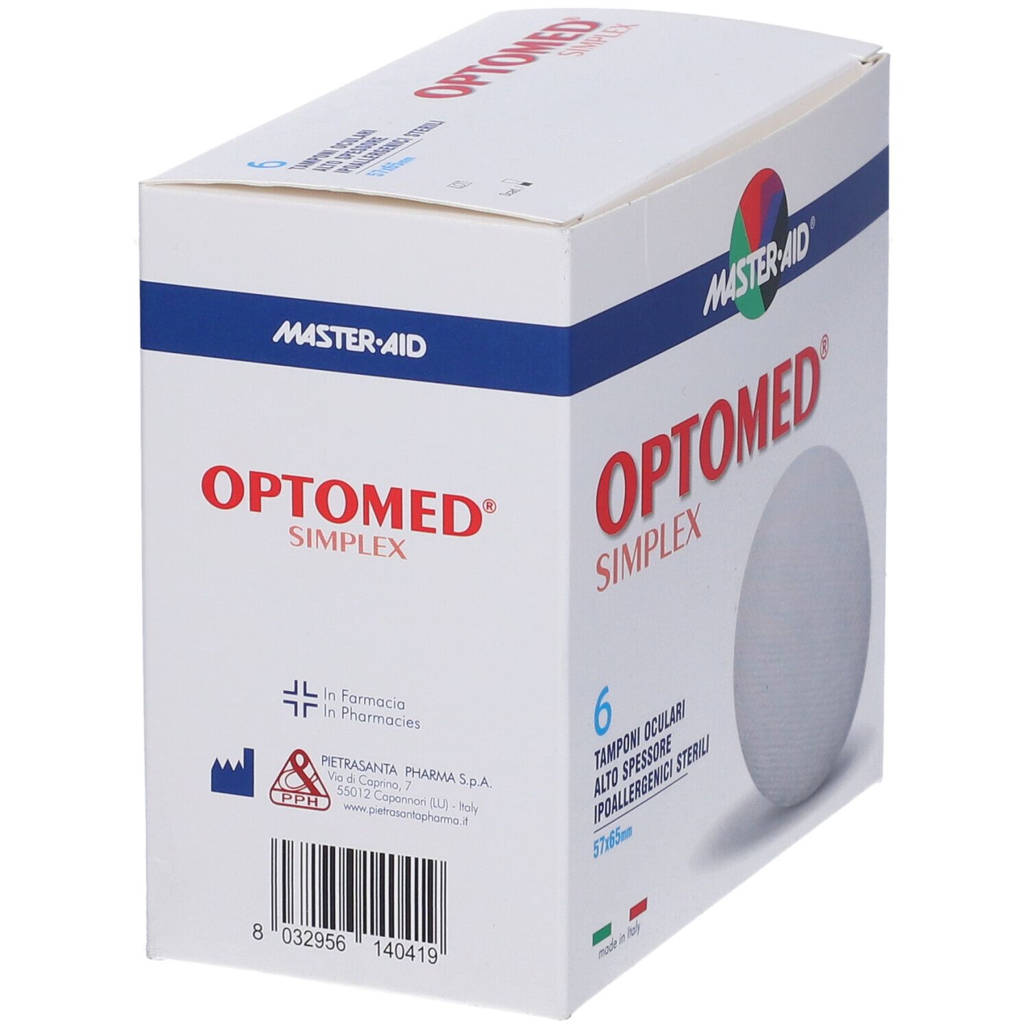 Confezione da 6 tamponi oculari sterili. Marchio: Master-Aid Optomed Simplex. Tampone bianco visibile. Dimensione: 57x65mm.