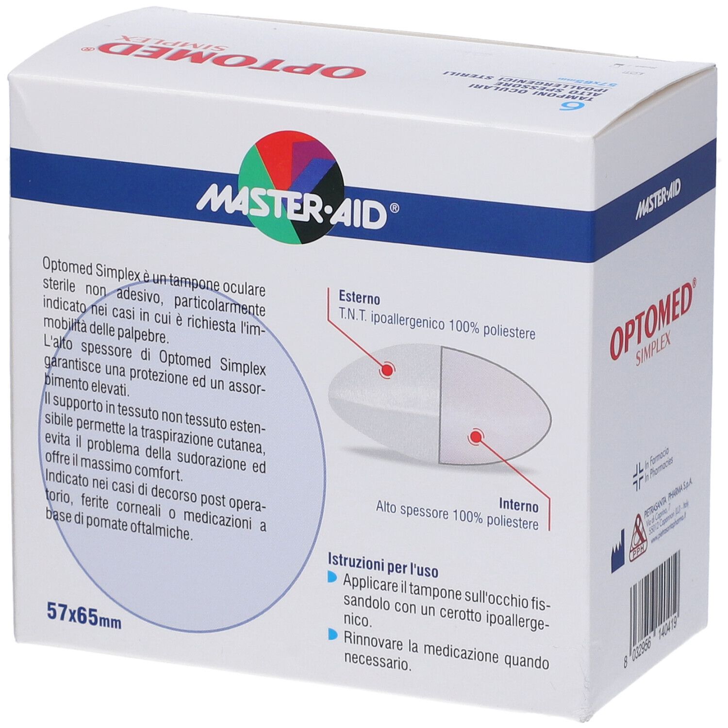 Confezione da 6 tamponi oculari sterili. Marchio: Master-Aid Optomed Simplex. Informazioni sul prodotto e diagramma.