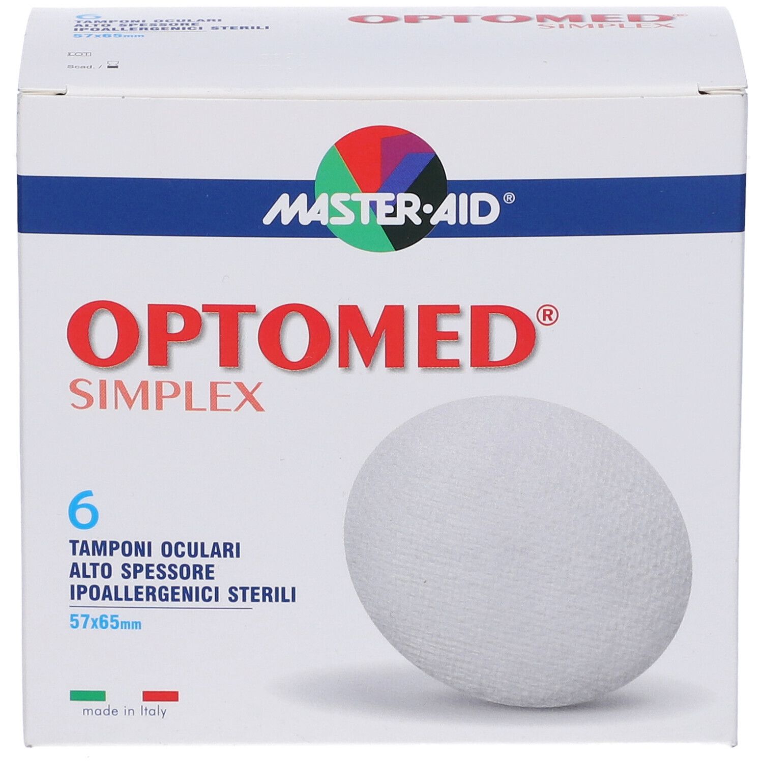 Confezione da 6 tamponi oculari sterili. Marchio: Master-Aid Optomed Simplex. Tampone bianco visibile. Dimensione: 57x65mm.