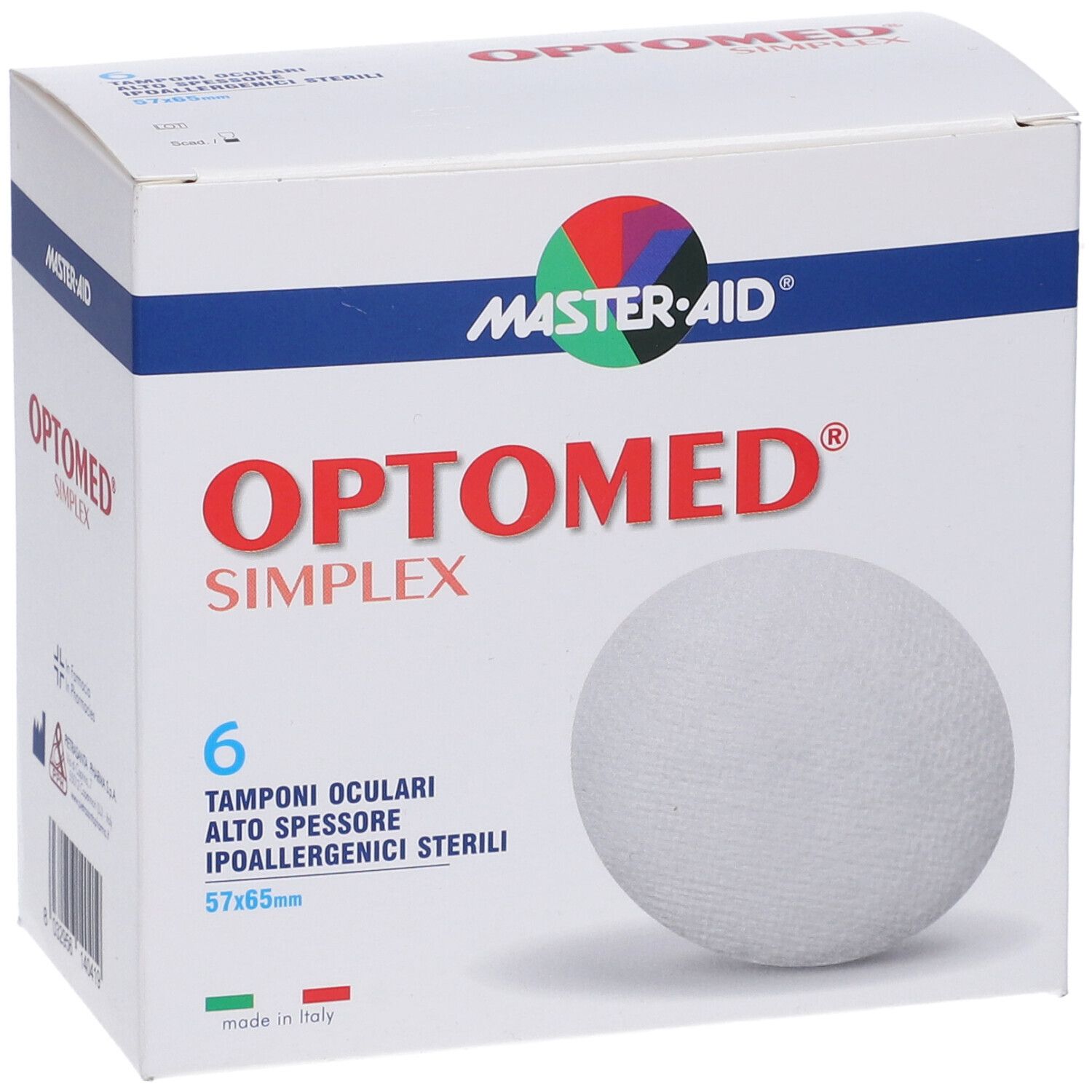 Confezione da 6 tamponi oculari sterili. Marchio: Master-Aid Optomed Simplex. Tampone bianco visibile. Dimensione: 57x65mm.